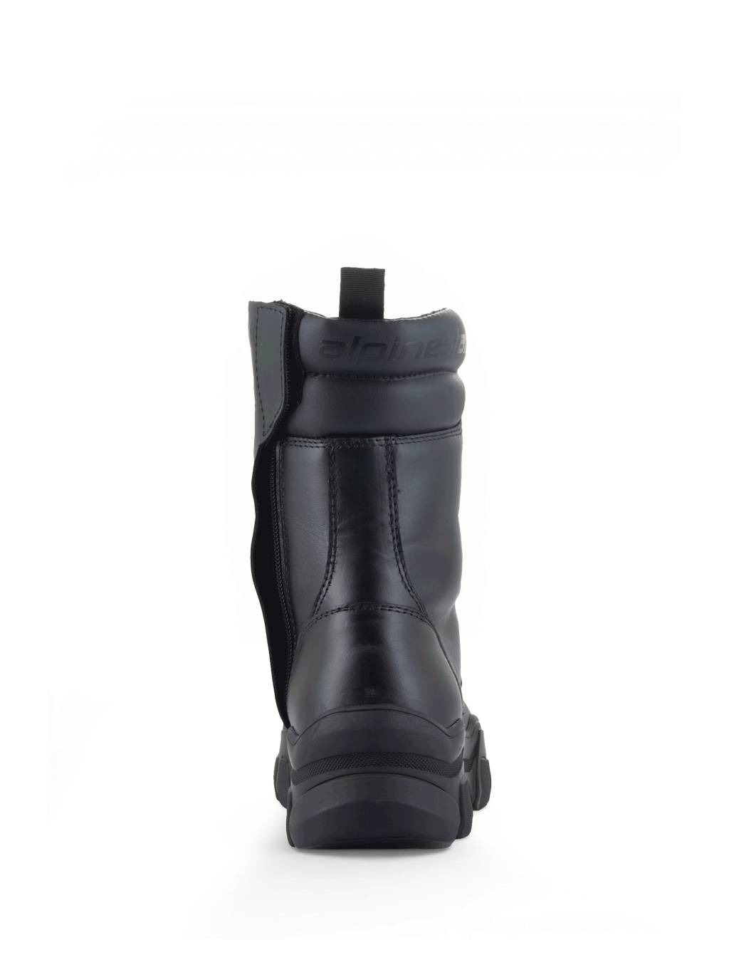 Alpinestars Ava Damen-Stiefel, Urban Motorradstiefel, Schwarz, Vollnarbenleder, Rückansicht mit erhöhter Sohle und Reißverschluss.