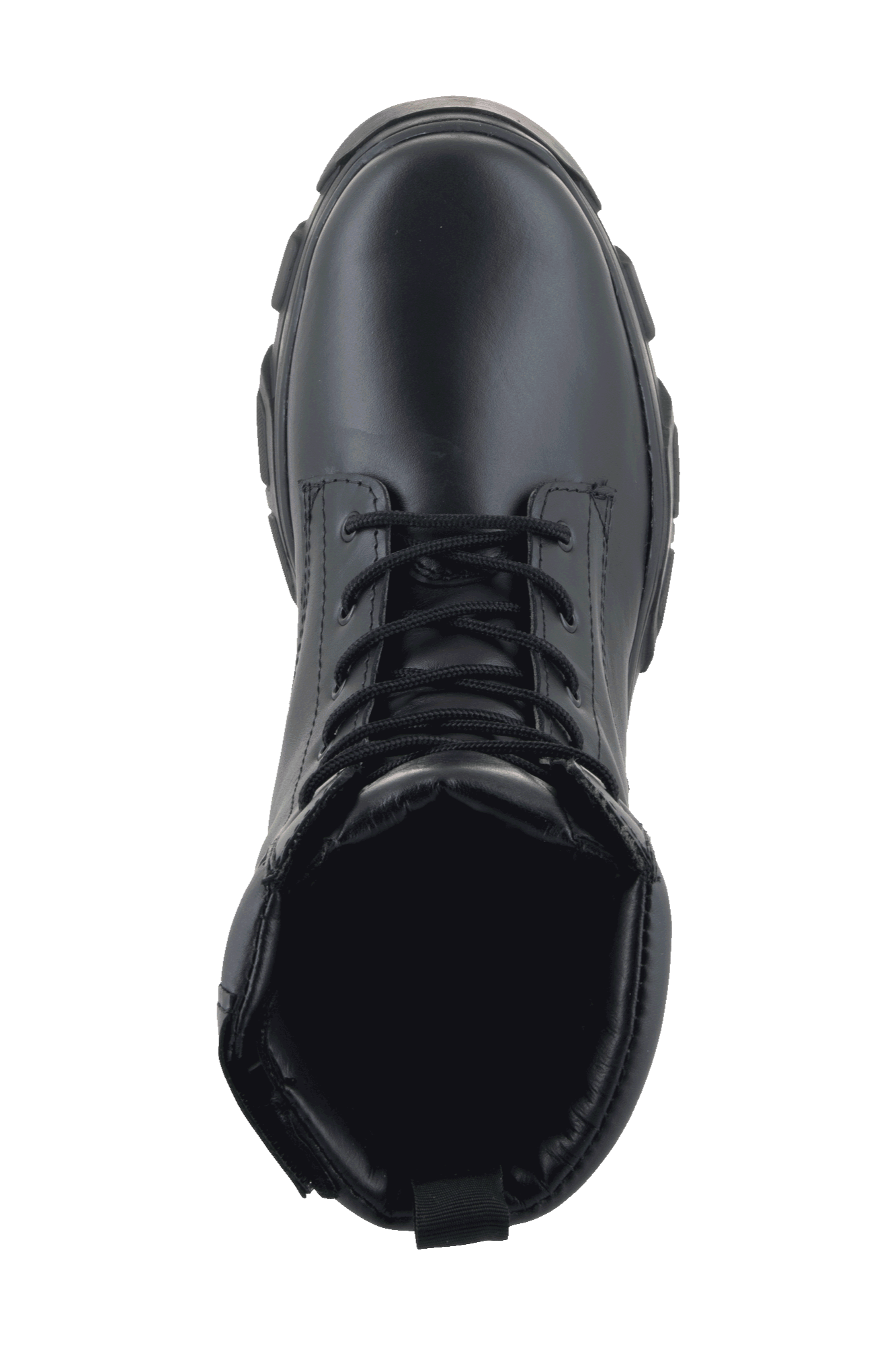 Alpinestars Ava Women Boots, Urban Motorcycle Boots, Black, top-down view featuring lace-up closure and chunky elevated rubber sole, full-grain leather utility-style design