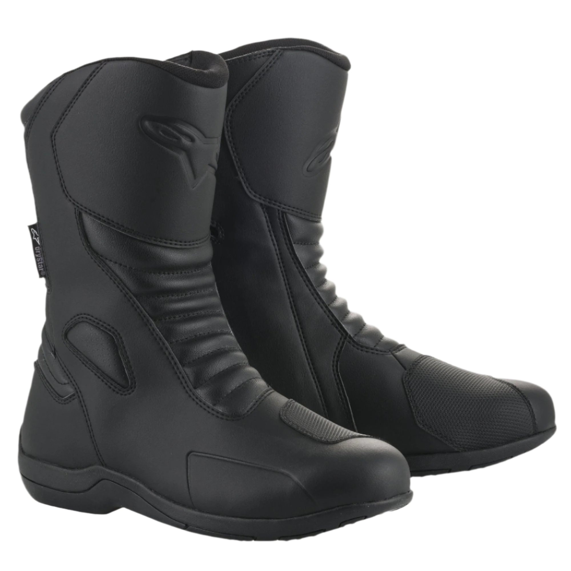 Alpinestars Origin Drystar® Stiefel, schwarze Motorrad-Tourenstiefel, Mikrofaser-Obermaterial mit vorderen Akkordeon-Flexzonen, geprägtes Alpinestars-Logo an der Wade, synthetisches Schaltpolster, schlankes wasserdichtes Design für Straßen- und Adventure-Fahrten