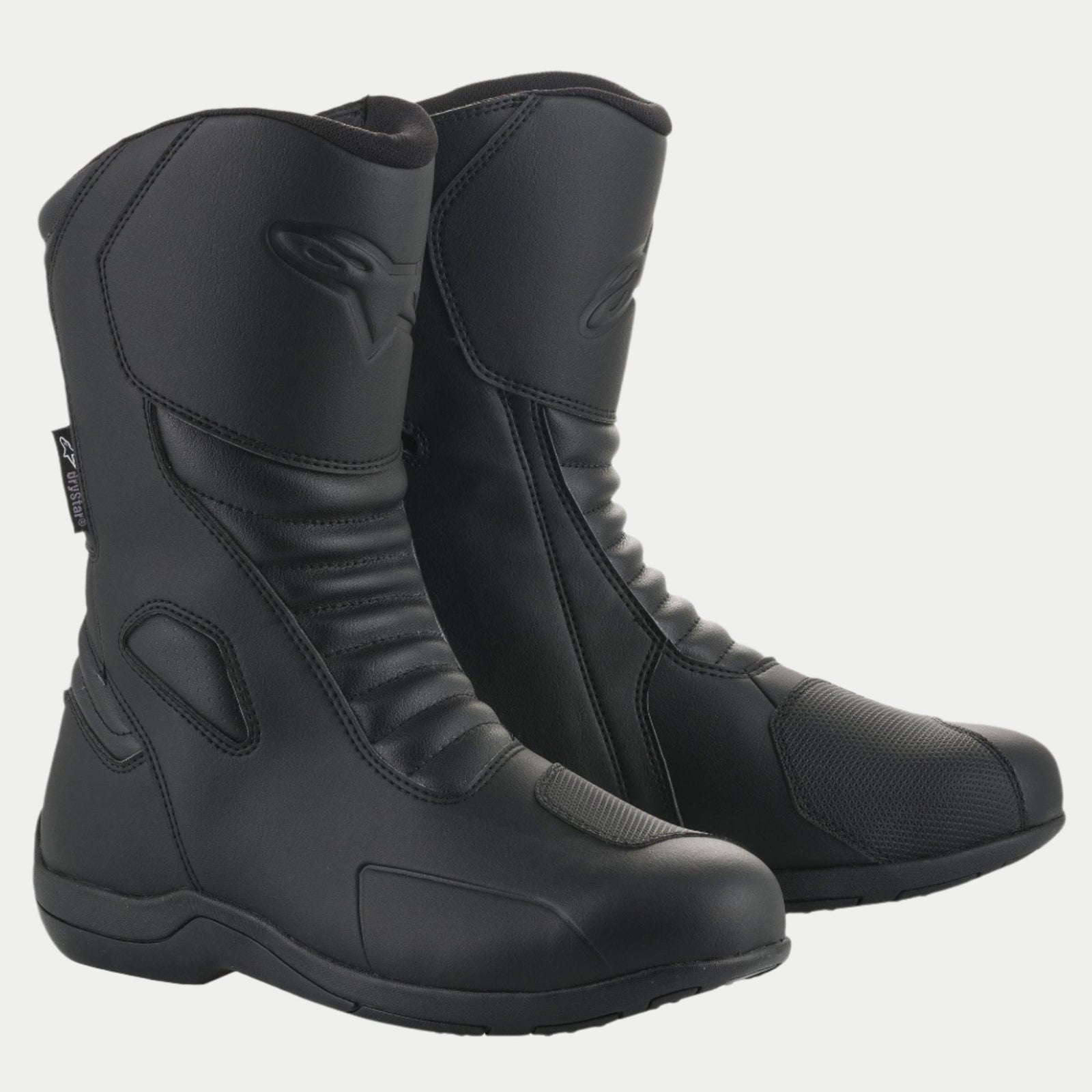 Alpinestars Origin Drystar® Stiefel, wasserdichte Motorrad-Tourenstiefel, Schwarz, mit Mikrofaser-Obermaterial, Akkordeon-Flex-Zonen vorne und hinten, synthetischem Schaltpolster und geprägtem Logo, konzipiert für Straßen- und Abenteuerfahrten