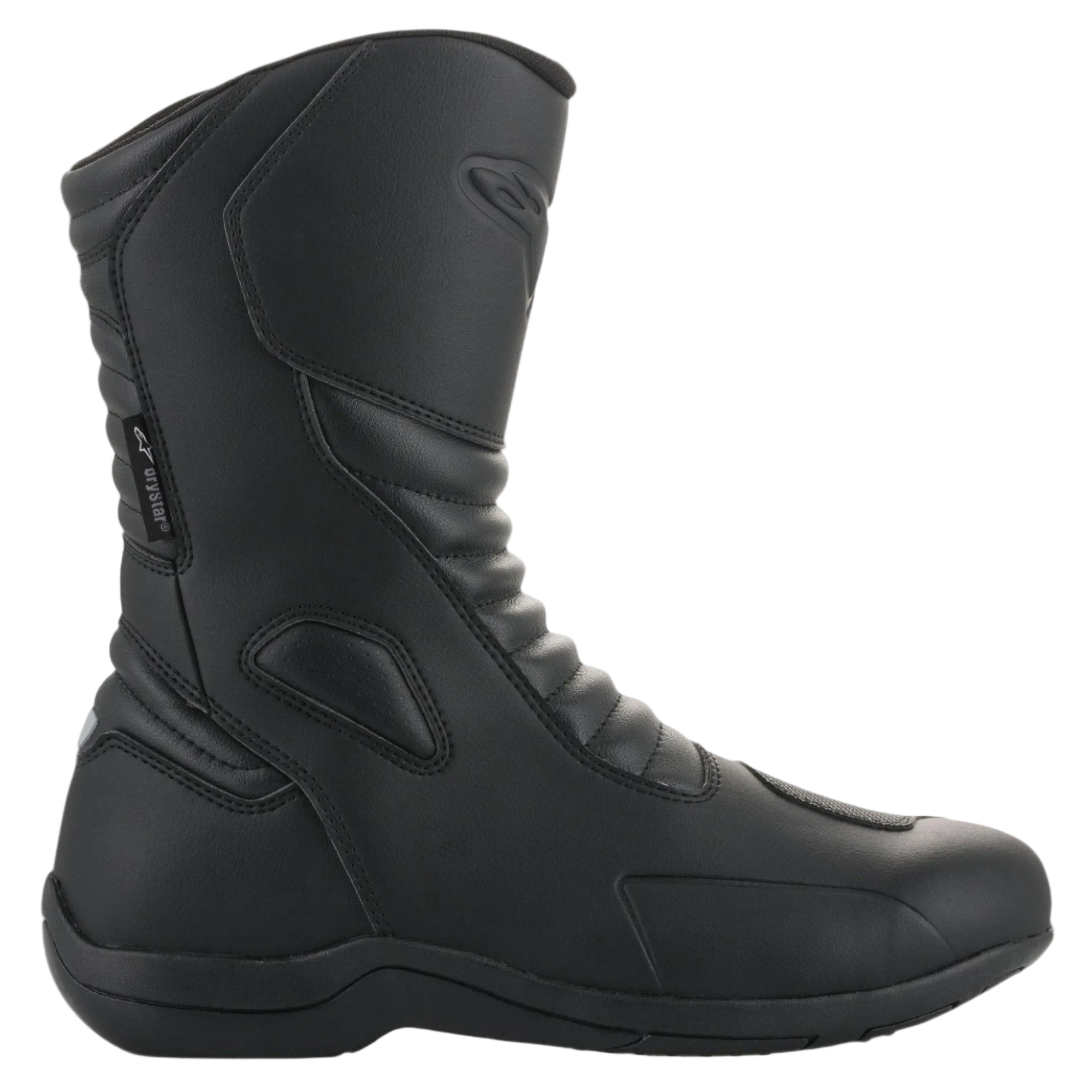 Alpinestars Origin Drystar Boots, Black Motorcycle Boots, side profile view, waterproof touring footwear with microfiber upper and accordion flex panels for flexibility.