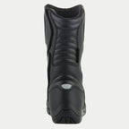 Alpinestars Origin Drystar® Stiefel, Motorrad-Tourenstiefel, Schwarz, Rückansicht mit Akkordeon-Flex-Zonen an Achillessehne und Wade, reflektierendem Fersendetail und strapazierfähiger Mikrofaser-Konstruktion