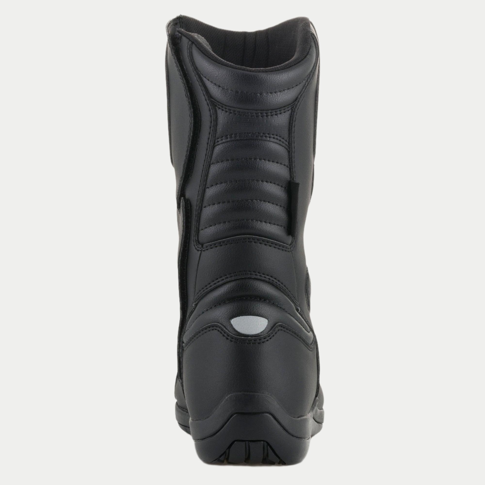 Alpinestars Origin Drystar® Stiefel, Motorrad-Tourenstiefel, Schwarz, Rückansicht mit Akkordeon-Flex-Zonen an Achillessehne und Wade, reflektierendem Fersendetail und strapazierfähiger Mikrofaser-Konstruktion