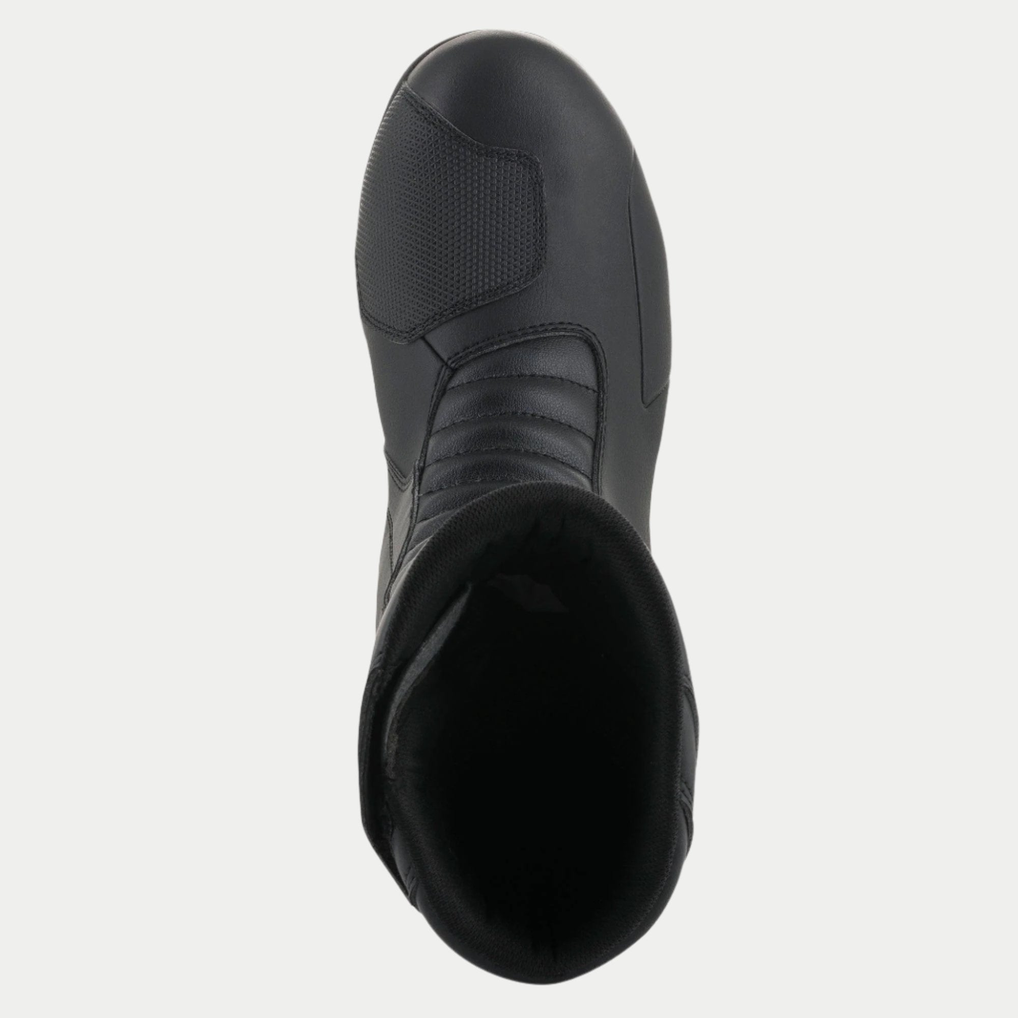 Alpinestars Origin Drystar® Stiefel, Schwarz, Ansicht von oben mit dem synthetischen Schaltpad und der vorderen Akkordeon-Flexzone, strapazierfähige Mikrofaser-Konstruktion, wasserdichte Touring- und Adventure-Motorradschuhe