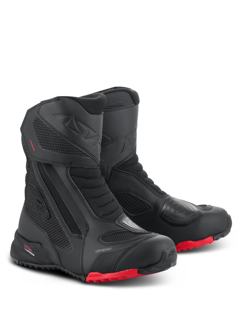 Alpinestars RT-7 Drystar Stiefel, Motorrad-Tourenstiefel, Schwarz und Rot, mit wasserdichter Drystar-Membran, strapazierfähiger Textil- und Mikrofaser-Konstruktion, roten Profilsohlen und verstärkten Schutzbereichen für All-Terrain-Abenteuer