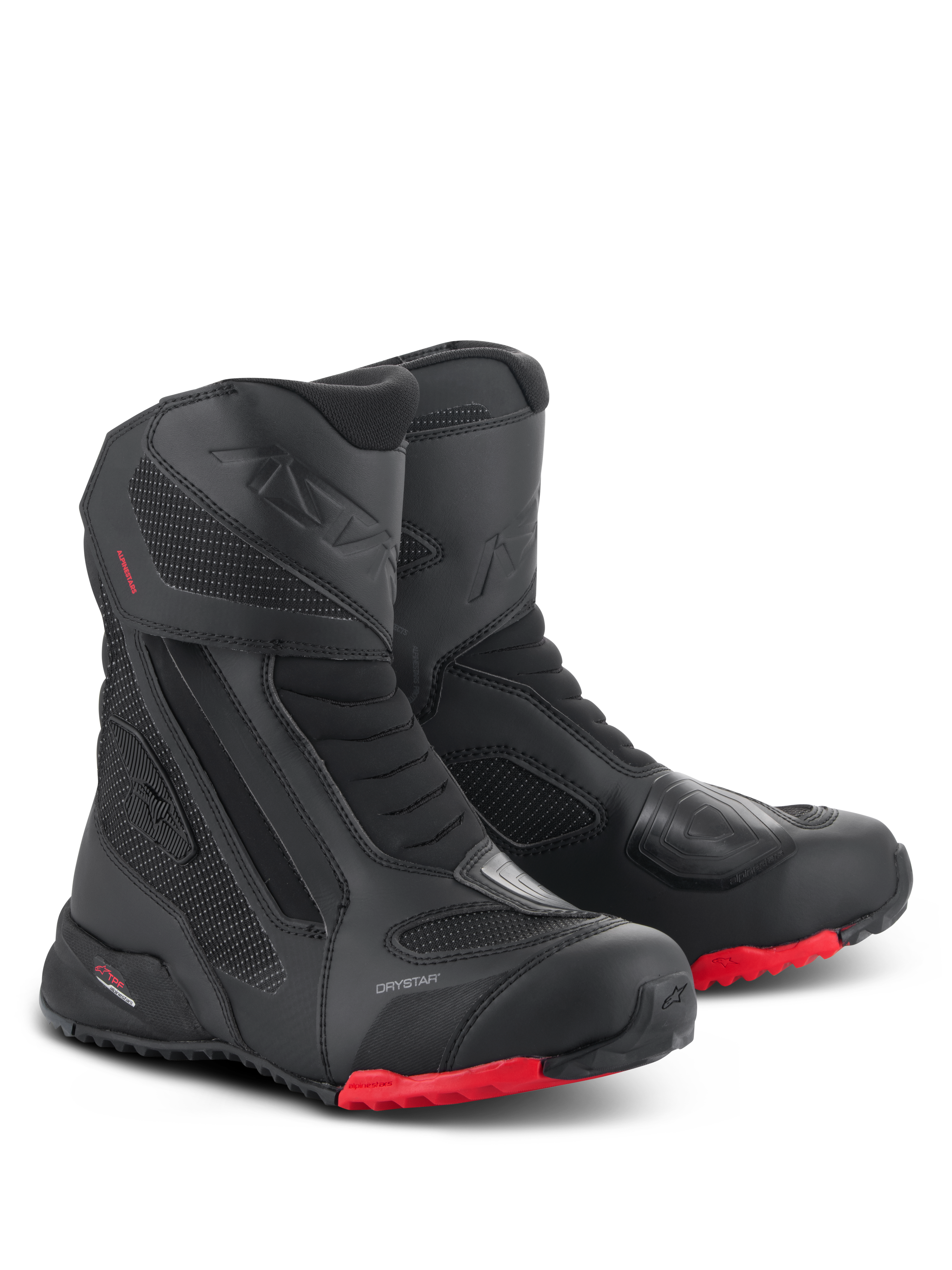 Alpinestars RT-7 Drystar Stiefel, Motorrad-Tourenstiefel, Schwarz und Rot, mit wasserdichter Drystar-Membran, strapazierfähiger Textil- und Mikrofaser-Konstruktion, roten Profilsohlen und verstärkten Schutzbereichen für All-Terrain-Abenteuer