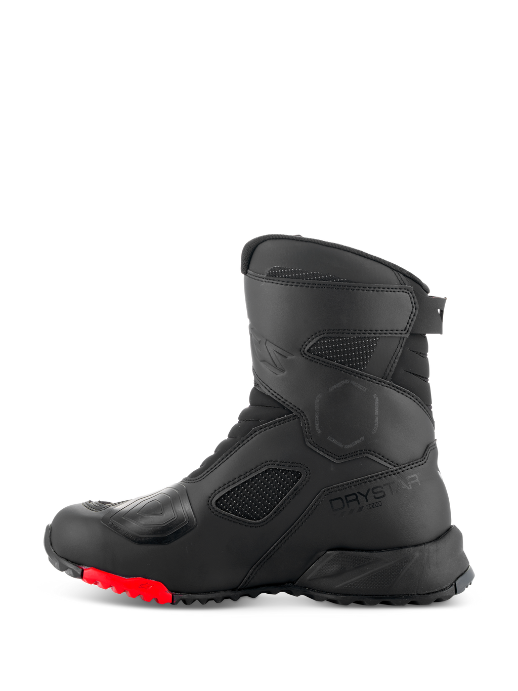 Alpinestars RT-7 Drystar® Stiefel, Motorrad-Tourenstiefel, Schwarz und Rot, Seitenprofil mit Drystar-Logo, verstärktem Schaltpolster und strapazierfähiger Profilsohle mit roten Akzenten für Adventure-Touren.