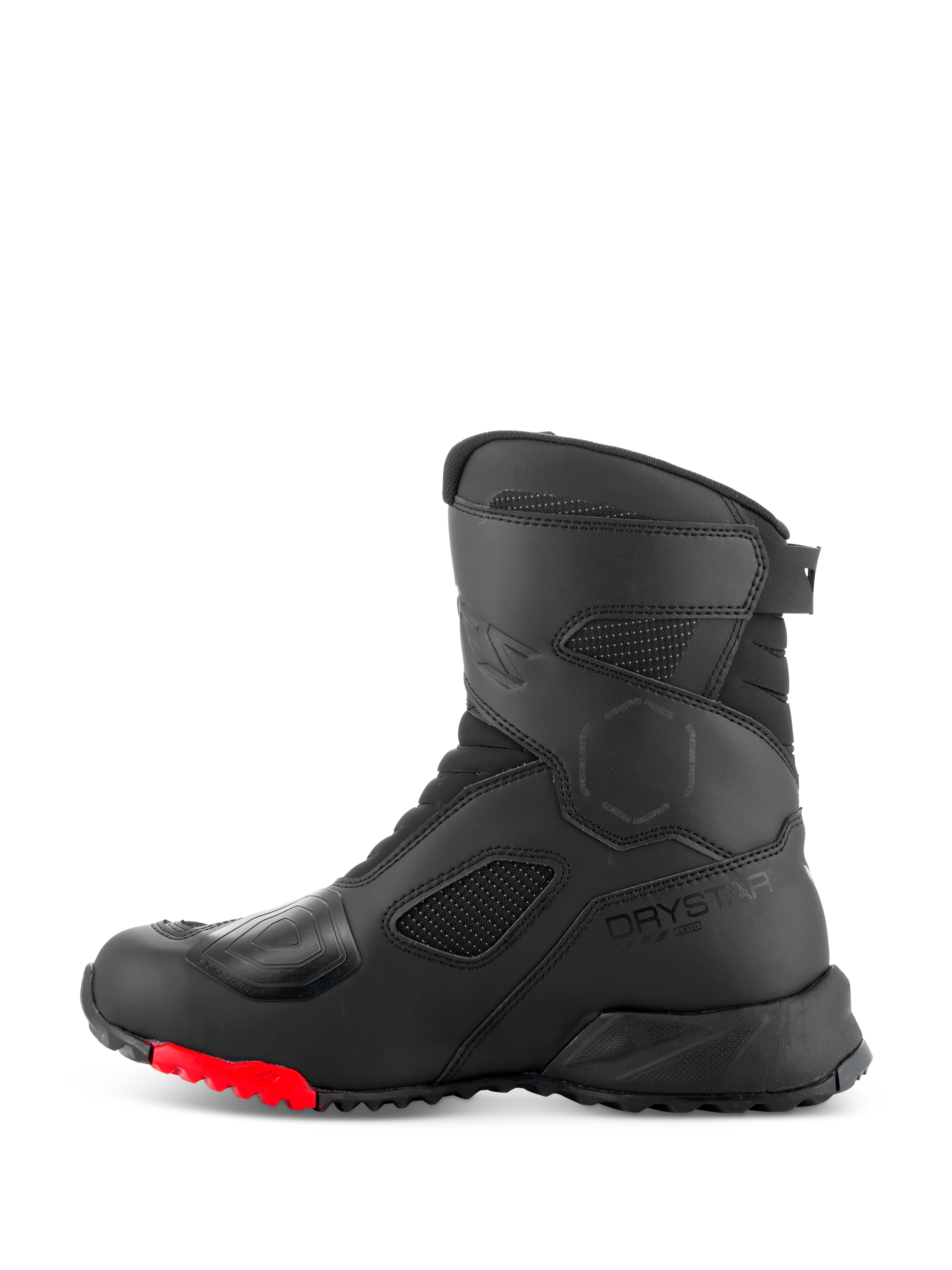 Alpinestars RT-7 Drystar® Stiefel, Motorrad-Tourenstiefel, Schwarz und Rot, Seitenprofil mit Drystar-Logo, verstärktem Schaltpolster und strapazierfähiger Profilsohle mit roten Akzenten für Adventure-Touren.