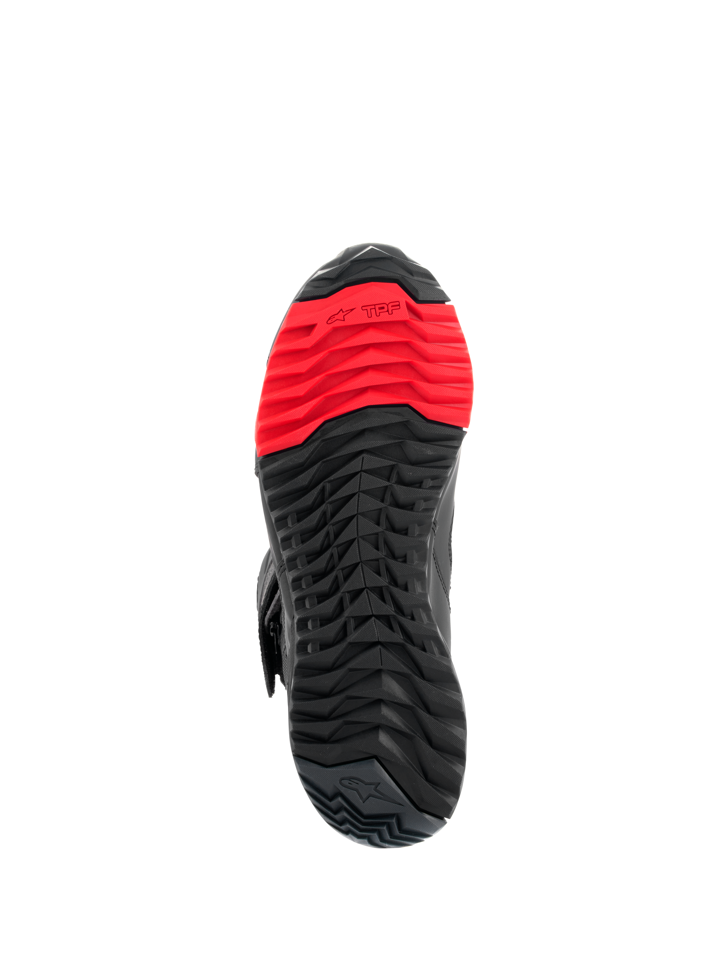 Alpinestars RT-7 Drystar® Stiefel, Sohlenansicht, robustes schwarz-rotes Stollenprofil mit dem TPF Transversal Protection Frame Logo im Vorfußbereich, entwickelt für Fahr- und Gehkomfort