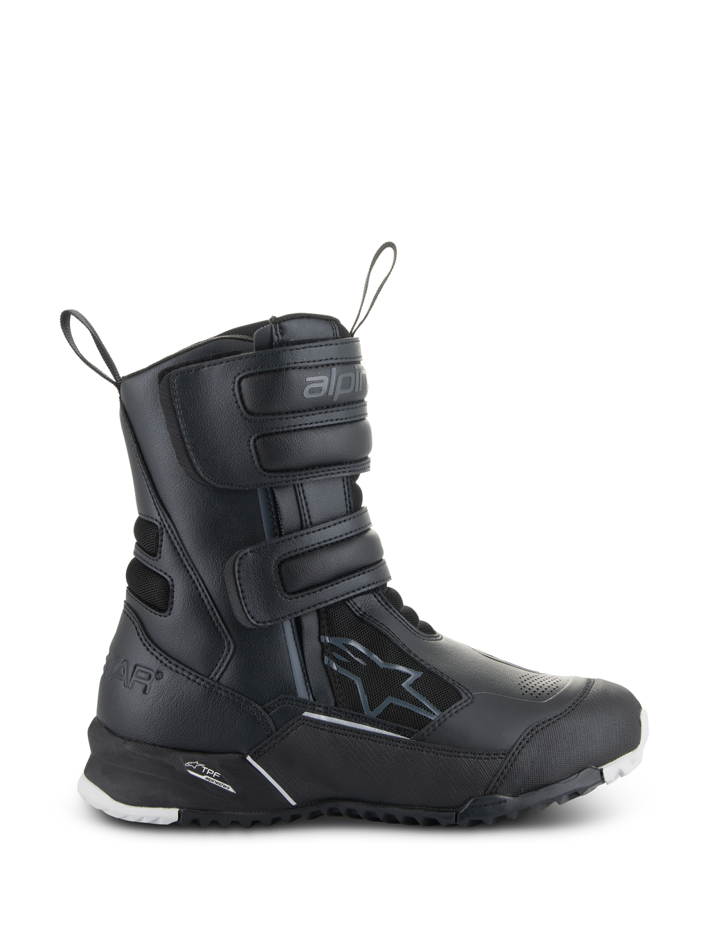 Alpinestars Stella RT-7 Touring Drystar Damen-Motorradstiefel, schwarze Tourenstiefel, Seitenansicht mit drei Klettverschlüssen, wasserdichtes Obermaterial aus Mikrofaser und Textil, verstärkte Ferse mit Stern-Logo, strapazierfähige Profilsohle mit weißen Akzenten