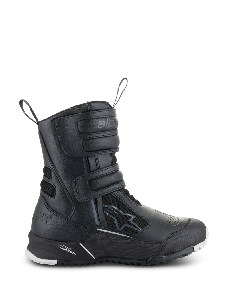 Alpinestars Women's Stella RT-7 Touring Drystar Boots, Black Motorcycle Touring Boots, side view showing triple velcro straps, waterproof microfiber and textile upper, reinforced heel with star logo, and durable lugged sole with white accents