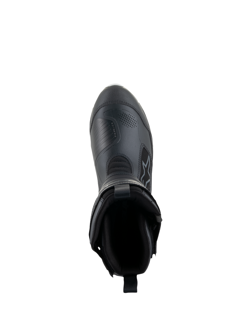 Alpinestars Damen Stella RT-7 Touring Drystar® Stiefel, Schwarz, Draufsicht mit Blick auf die Stiefelöffnung und das Innenfutter, fortschrittliche Mikrofaser- und Textilkonstruktion für Adventure-Touring.