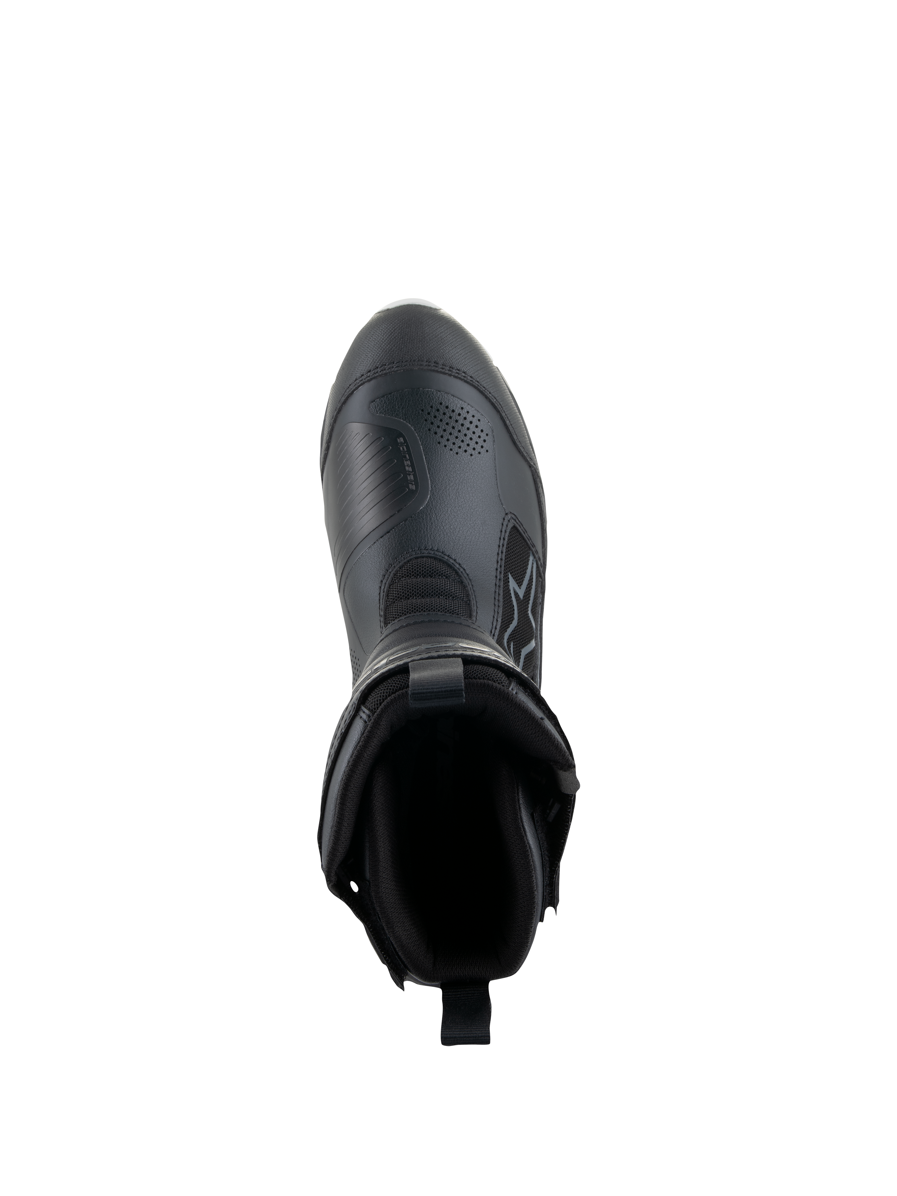 Alpinestars Damen Stella RT-7 Touring Drystar® Stiefel, Schwarz, Draufsicht mit Blick auf die Stiefelöffnung und das Innenfutter, fortschrittliche Mikrofaser- und Textilkonstruktion für Adventure-Touring.