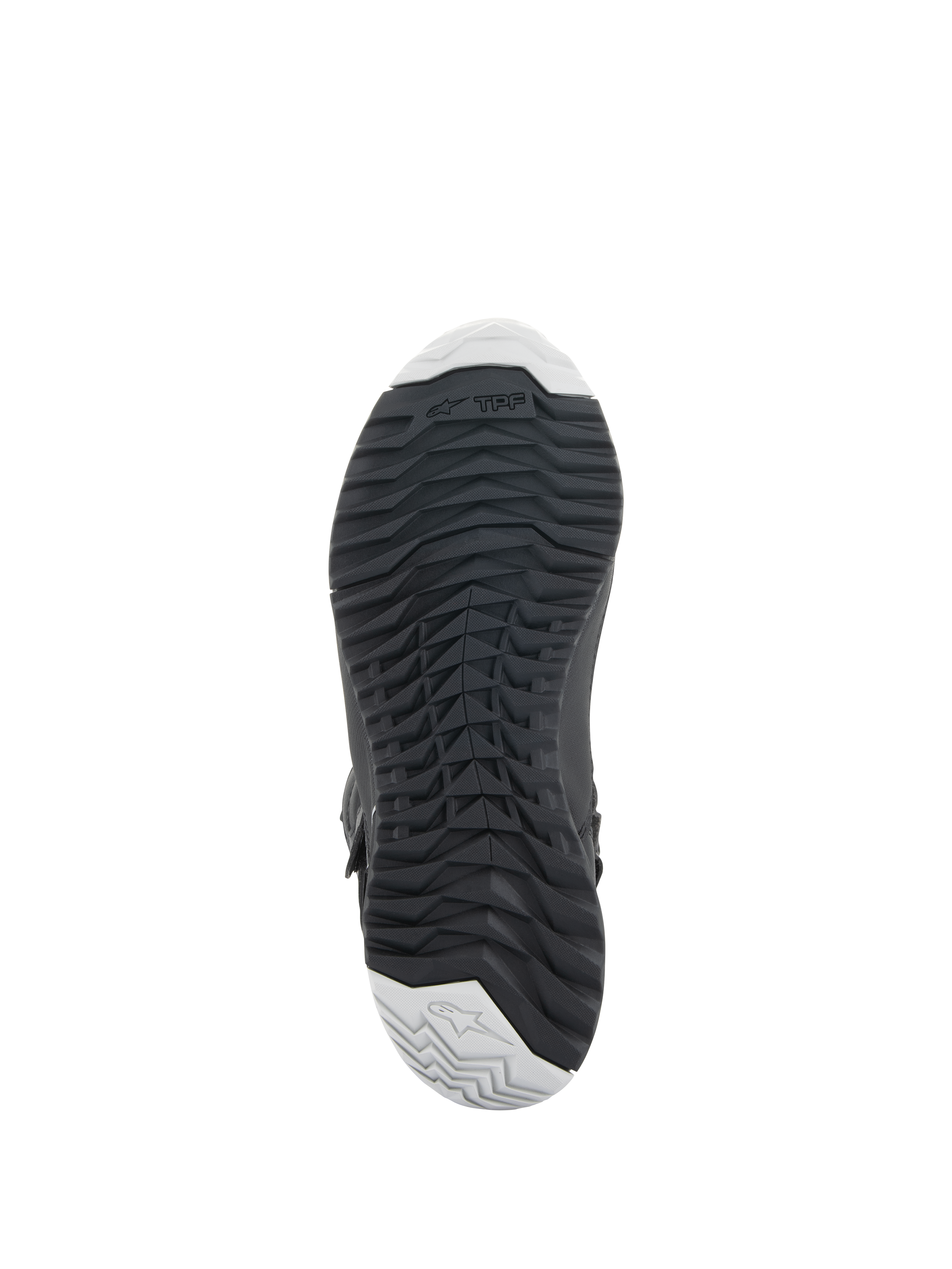 Alpinestars Damen Stella RT-7 Touring Drystar® Stiefel, Schwarz, Unteransicht mit strapazierfähiger Gummiaußensohle, robustem Stollenprofil für Grip, TPF (Transversal Protection Frame) Branding und hellgrauen Akzenten an Zehen und Ferse.