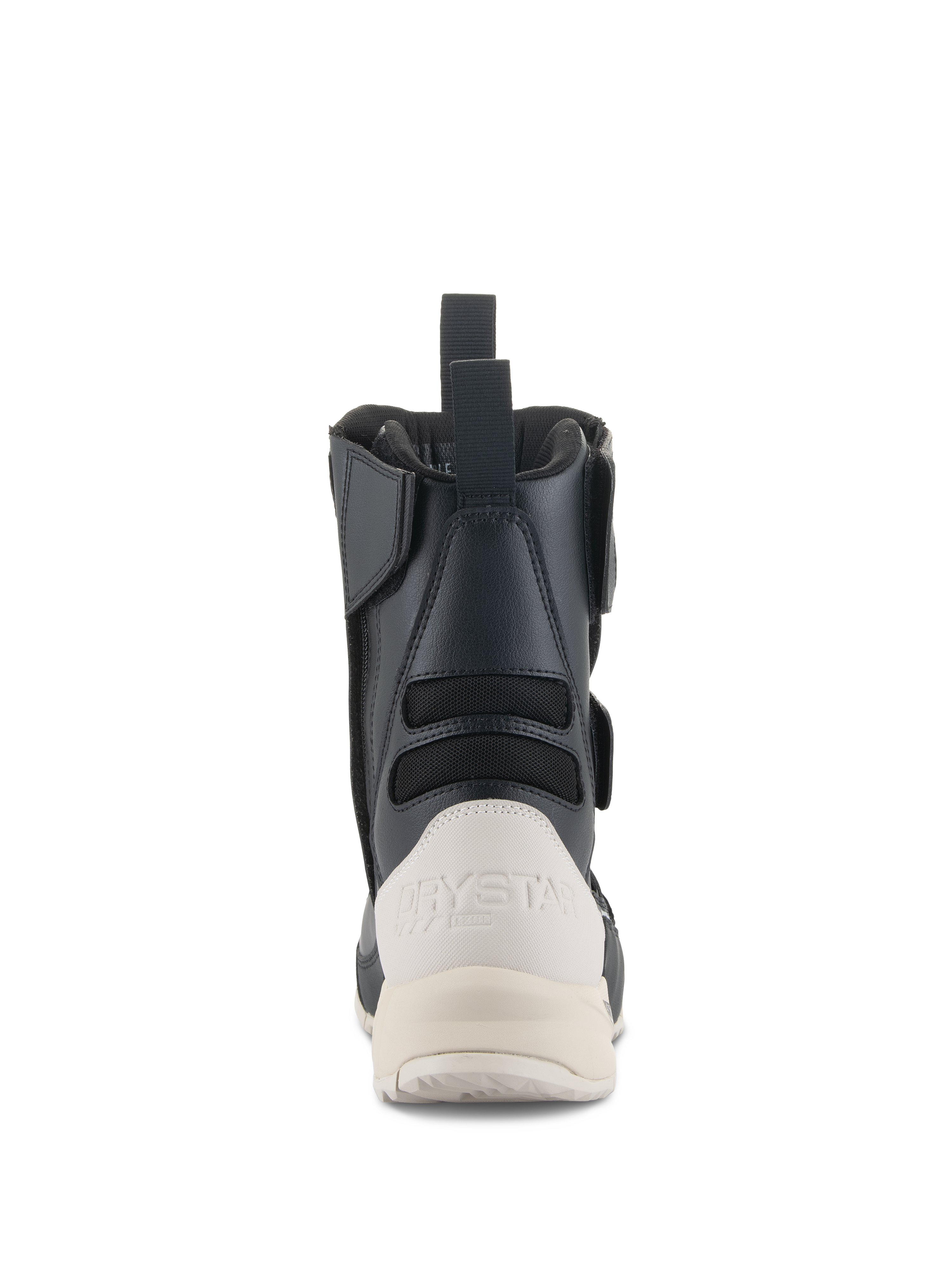 Alpinestars Women Stella RT-7 Touring Drystar® Boots, Rear View, Black and White, featuring a white reinforced heel counter with Drystar branding, a rear pull tab, and textile accordion panels for flexibility.