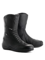Alpinestars Andes V2 Drystar Stiefel, schwarze Motorrad-Tourenstiefel, wasserfeste Lederkonstruktion mit Akkordeon-Flex-Einsätzen vorne und hinten, seitlicher Reißverschluss mit Abdeckung, geprägtes Alpinestars-Logo und Drystar-Branding, strapazierfähiges Schuhwerk für Straßen- und Adventure-Fahrten.