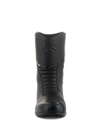Alpinestars Andes V2 Drystar® Stiefel, Schwarze Touren-Motorradstiefel, Vorderansicht mit geprägtem Alpinestars-Logo auf dem Schienbein, Akkordeon-Flexzonen für mehr Bewegungsfreiheit, Lederkonstruktion mit strukturiertem Schaltkissen