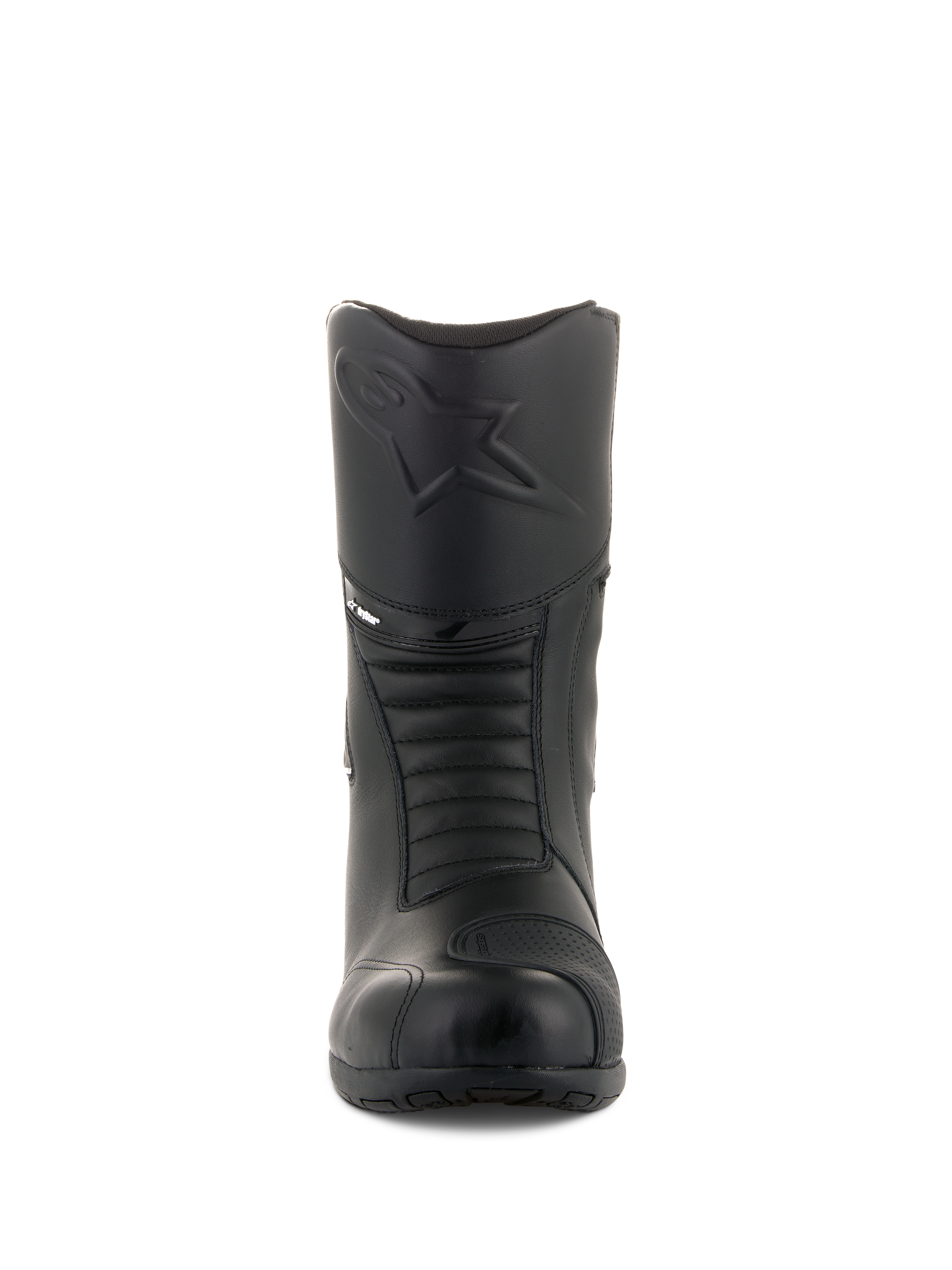 Alpinestars Andes V2 Drystar® Stiefel, Schwarze Touren-Motorradstiefel, Vorderansicht mit geprägtem Alpinestars-Logo auf dem Schienbein, Akkordeon-Flexzonen für mehr Bewegungsfreiheit, Lederkonstruktion mit strukturiertem Schaltkissen