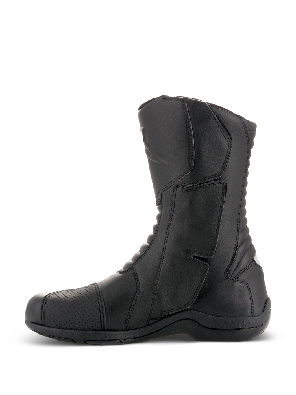 Alpinestars Andes V2 Drystar® Stiefel, Schwarze Motorrad-Tourenstiefel, Seitenansicht, wasserdichte Lederkonstruktion mit verstärktem Schienbeinschutz und Akkordeon-Flex-Einsätzen, Adventure-Fahrbekleidung
