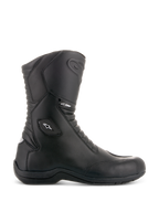 Alpinestars Andes V2 Drystar Stiefel, Schwarze Motorrad-Tourenstiefel, Hoher Schaft, Wasserdichte Lederkonstruktion, Akkordeon-Flex-Einsätze vorne und hinten, Weißes Stern-Logo und Drystar-Branding, Robuste schwarze Sohle, Verstärkter Knöchel- und Zehenschutz