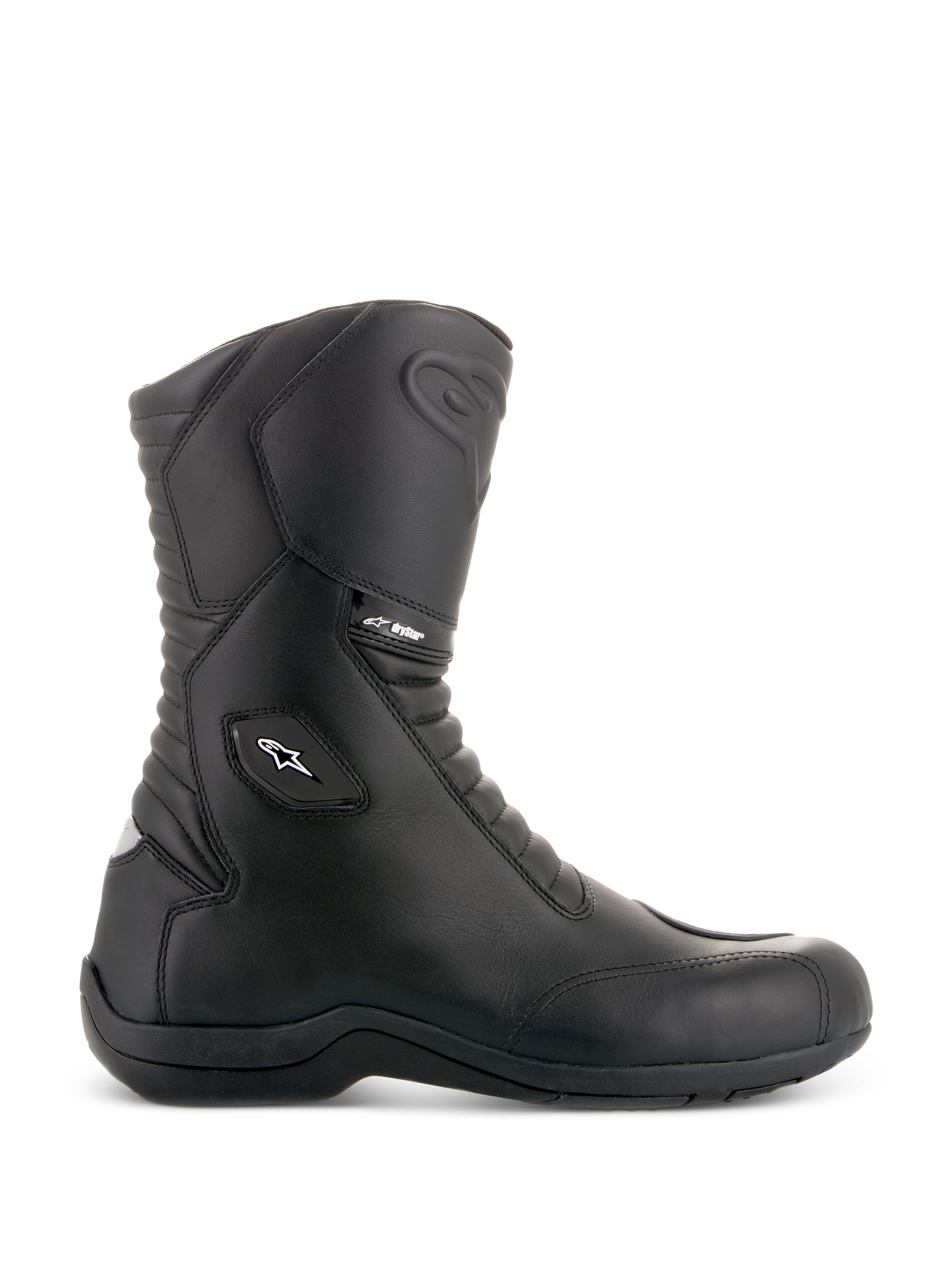 Alpinestars Andes V2 Drystar Boots, Black Motorcycle Touring Boots, High Shaft Design, Waterproof Leather Construction, Front and Rear Accordion Flex Panels, White Star Logo and Drystar Branding, Sturdy Black Sole, Protective Reinforced Ankle and Toe