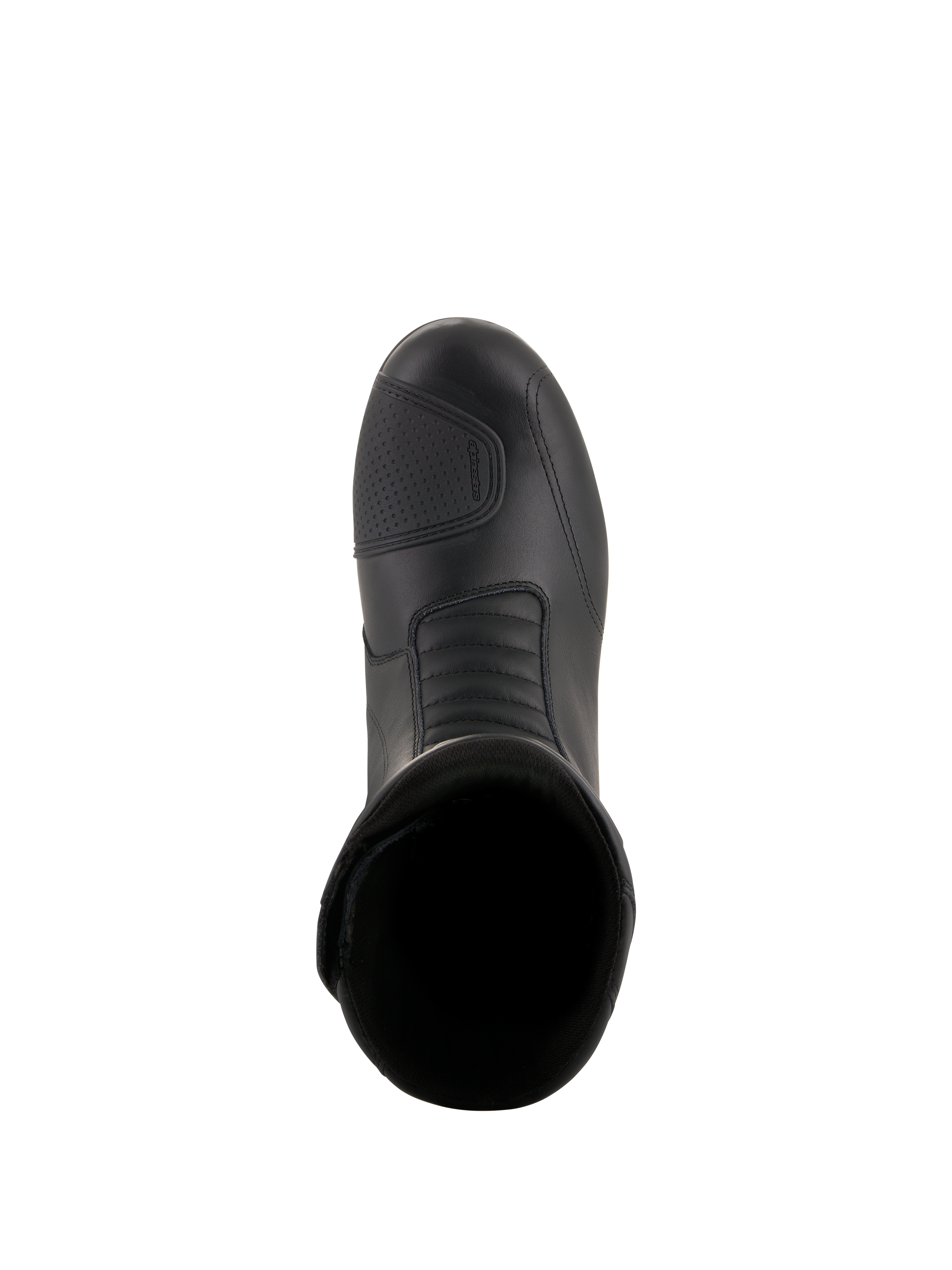 Alpinestars Andes V2 Drystar® Stiefel, schwarze Motorrad-Tourenstiefel, Ansicht von oben mit Leder-Obermaterial, strukturierter Schaltverstärkung und vorderer Akkordeon-Flexzone für wasserdichte Adventure-Fahrten.