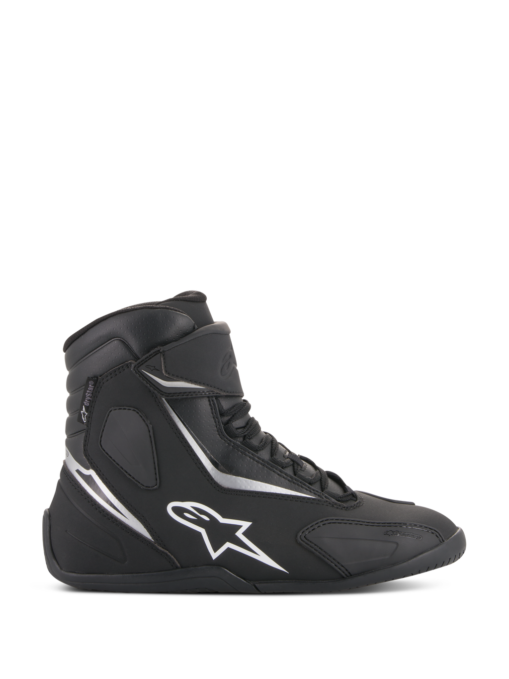 Alpinestars Fastback 2 Drystar Wasserdichte Schuhe, Schwarz-weiße High-Top Motorrad-Sneaker, Seitenprofil mit weißem Stern-Logo und silbernen Akzenten, Schnürverschluss mit Klettverschlussriemen, wasserdichtes urbanes Fahrerschuhwerk