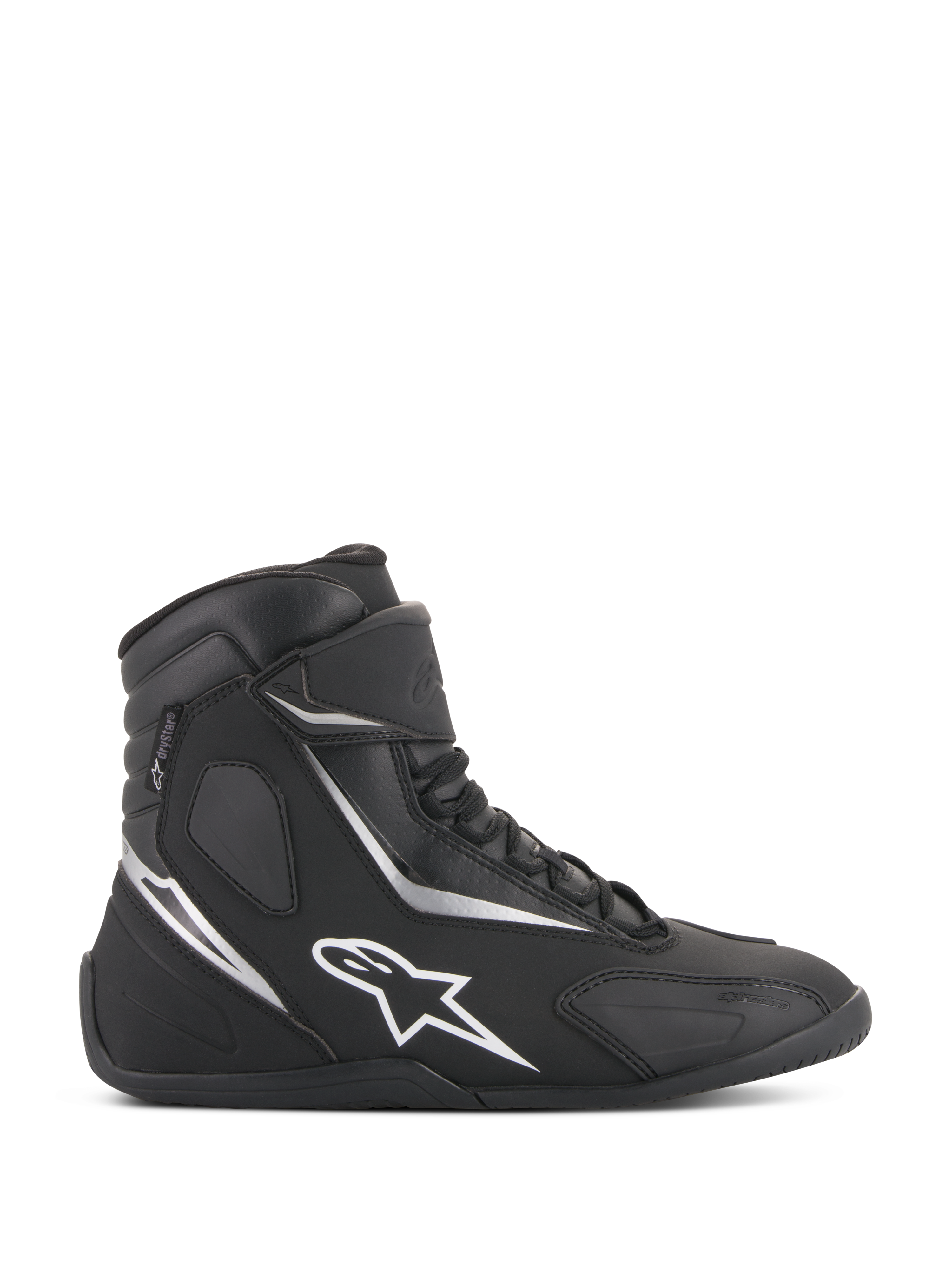 Alpinestars Fastback 2 Drystar Wasserdichte Schuhe, Schwarz-weiße High-Top Motorrad-Sneaker, Seitenprofil mit weißem Stern-Logo und silbernen Akzenten, Schnürverschluss mit Klettverschlussriemen, wasserdichtes urbanes Fahrerschuhwerk