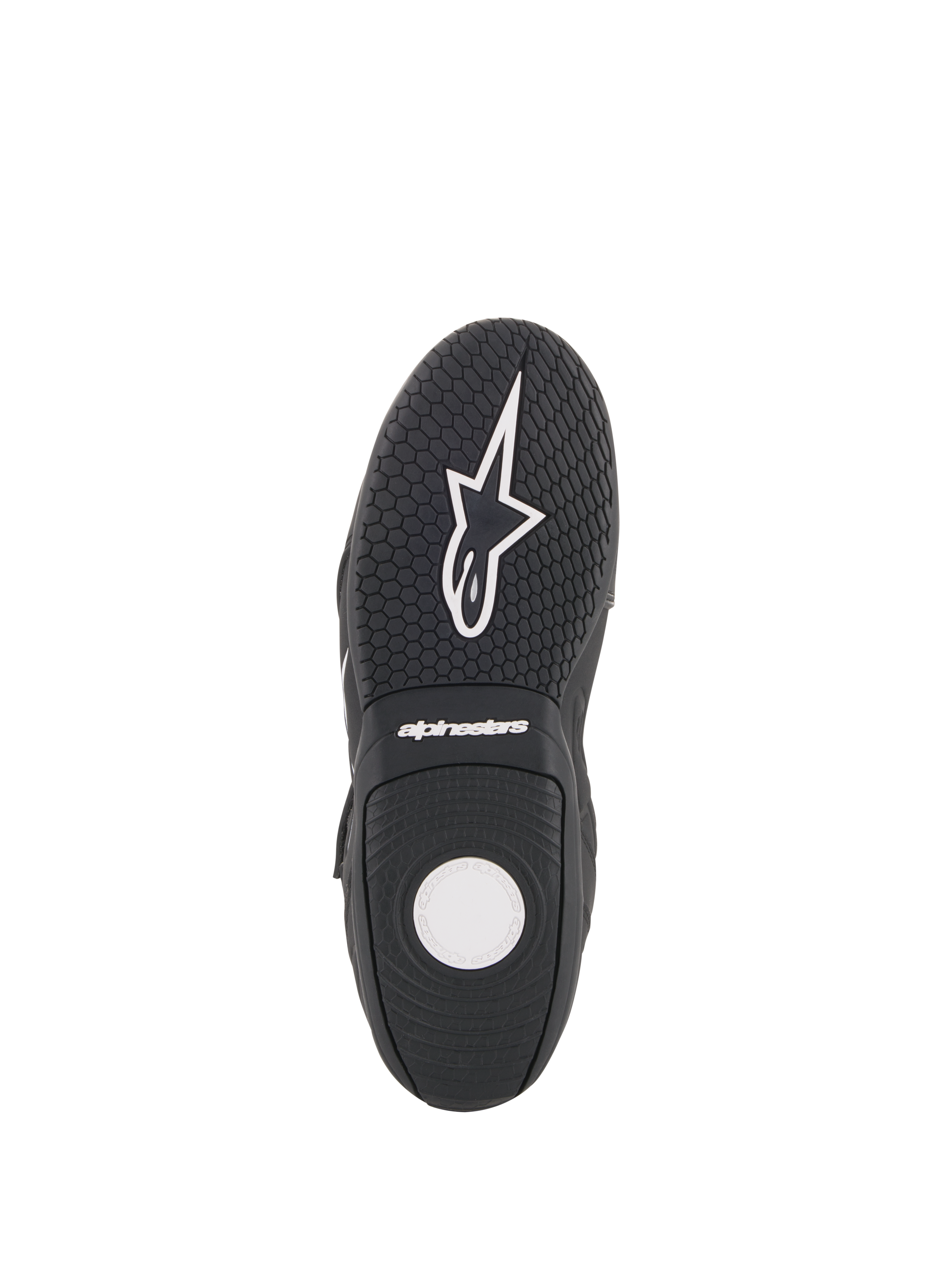 Alpinestars Fastback 2 Drystar® wasserdichte Schuhe, Motorradschuhe, Schwarz und Weiß, Sohlenansicht mit strukturierter Gummiaußensohle, hexagonalem Profilmuster und weißem Alpinestars-Branding