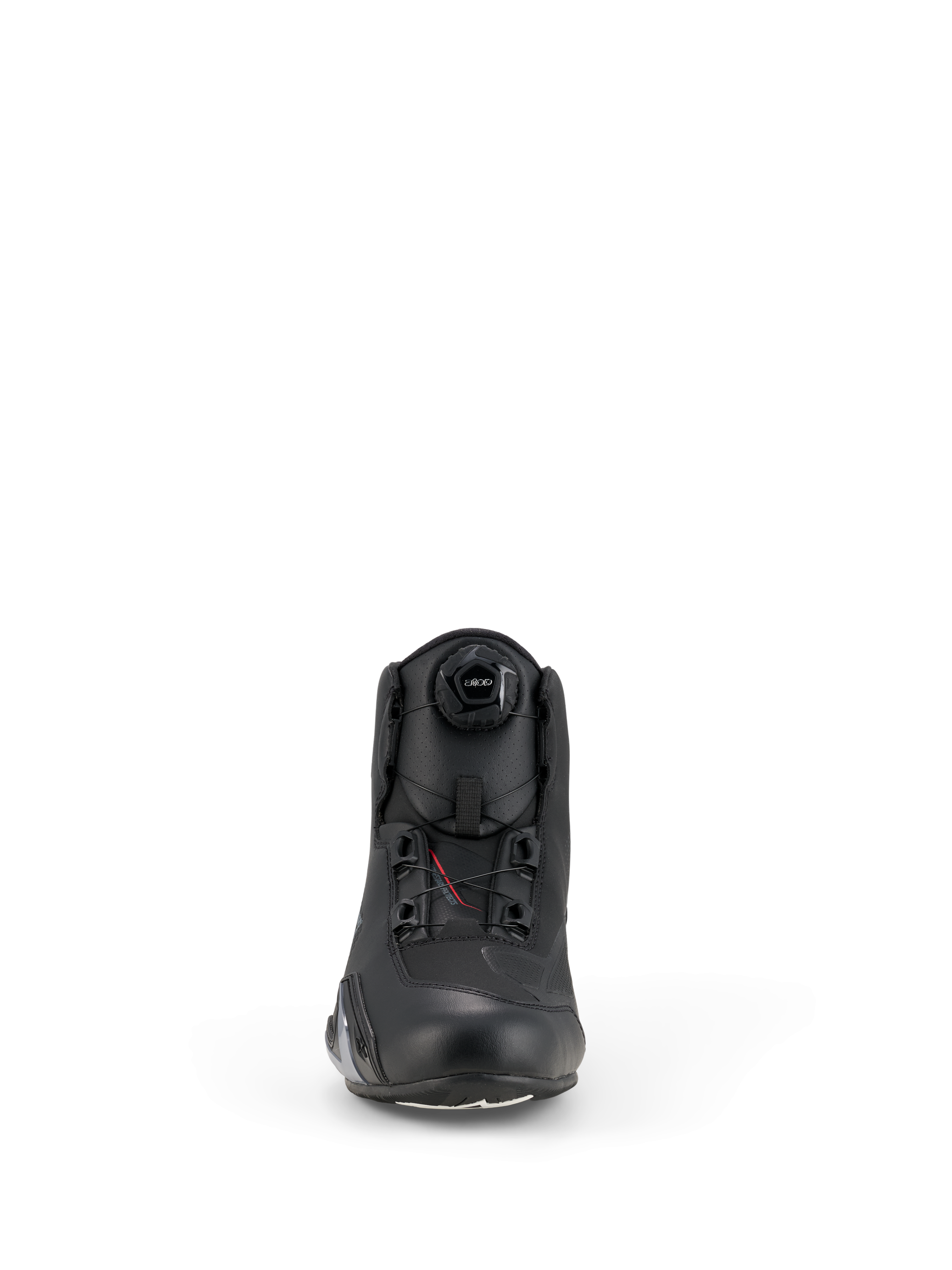 Alpinestars Celer Shoes, Motorcycle Riding Shoes, Black, front view featuring the integrated Rotor Closure System dial, technical microfiber construction with a streamlined profile and reinforced toe area.