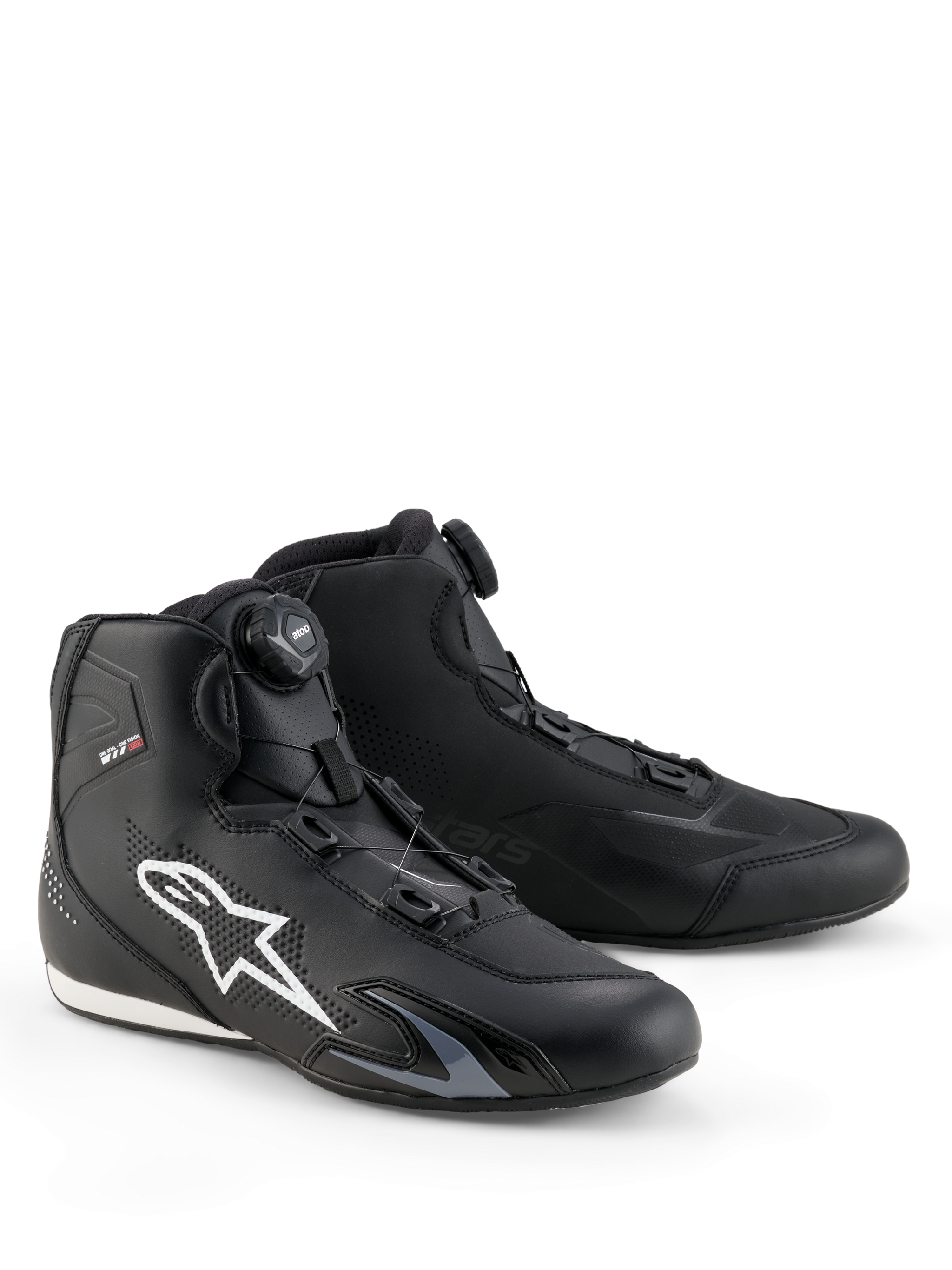Alpinestars Celer Shoes, Motorcycle Riding Shoes, Black and White, featuring the Rotor Closure System dial, large white Astar logo on the side, sleek technical microfiber construction for sport street performance