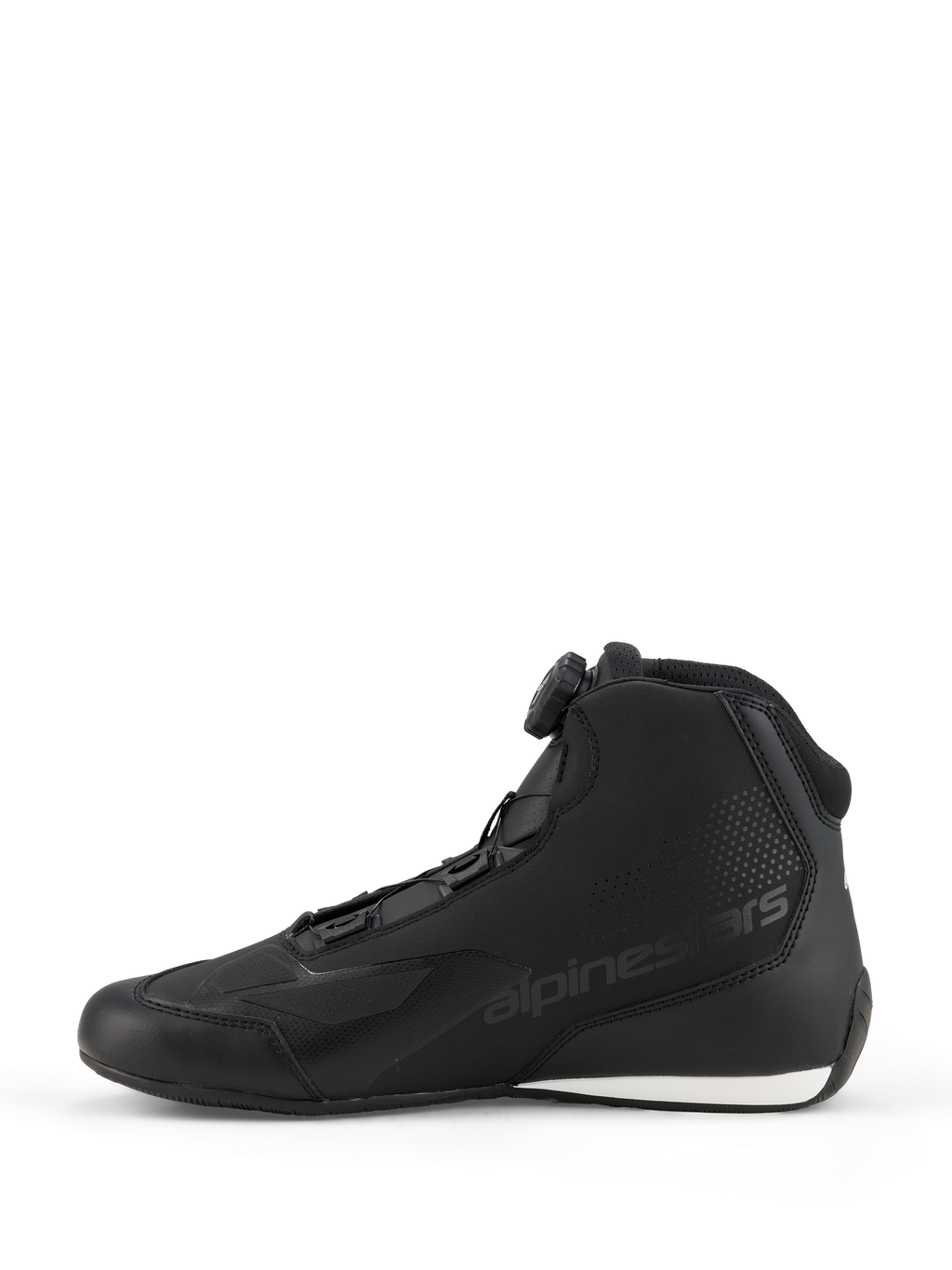 Alpinestars Celer Shoes, Motorcycle Riding Shoes, Black and White, side profile featuring the Rotor Closure System dial, sleek microfiber construction with embossed logo and white contrast on the heel.