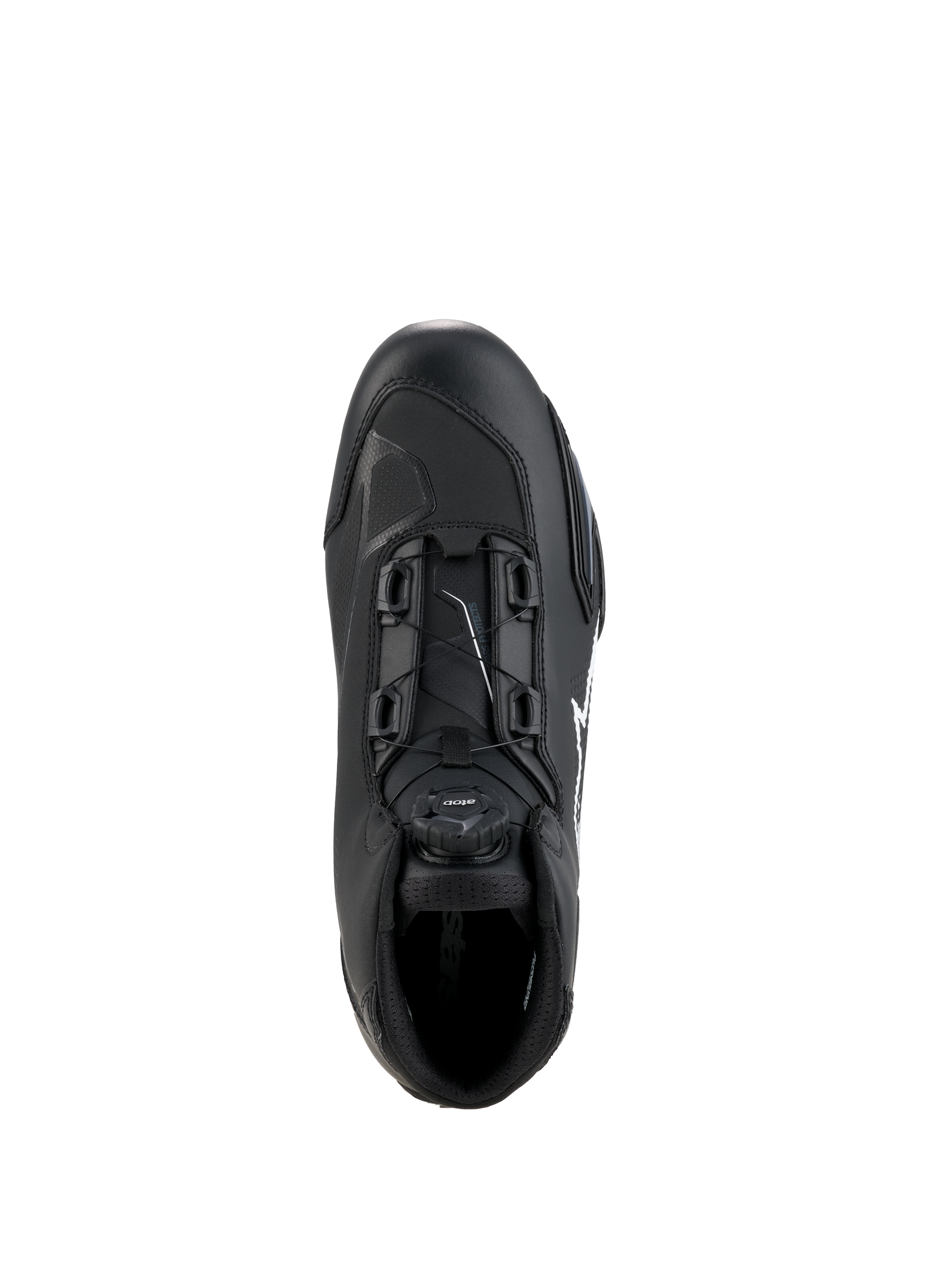 Alpinestars Celer Shoes, Black and White, top-down view highlighting the Rotor Closure System dial, technical microfiber construction, and sleek sport riding silhouette.