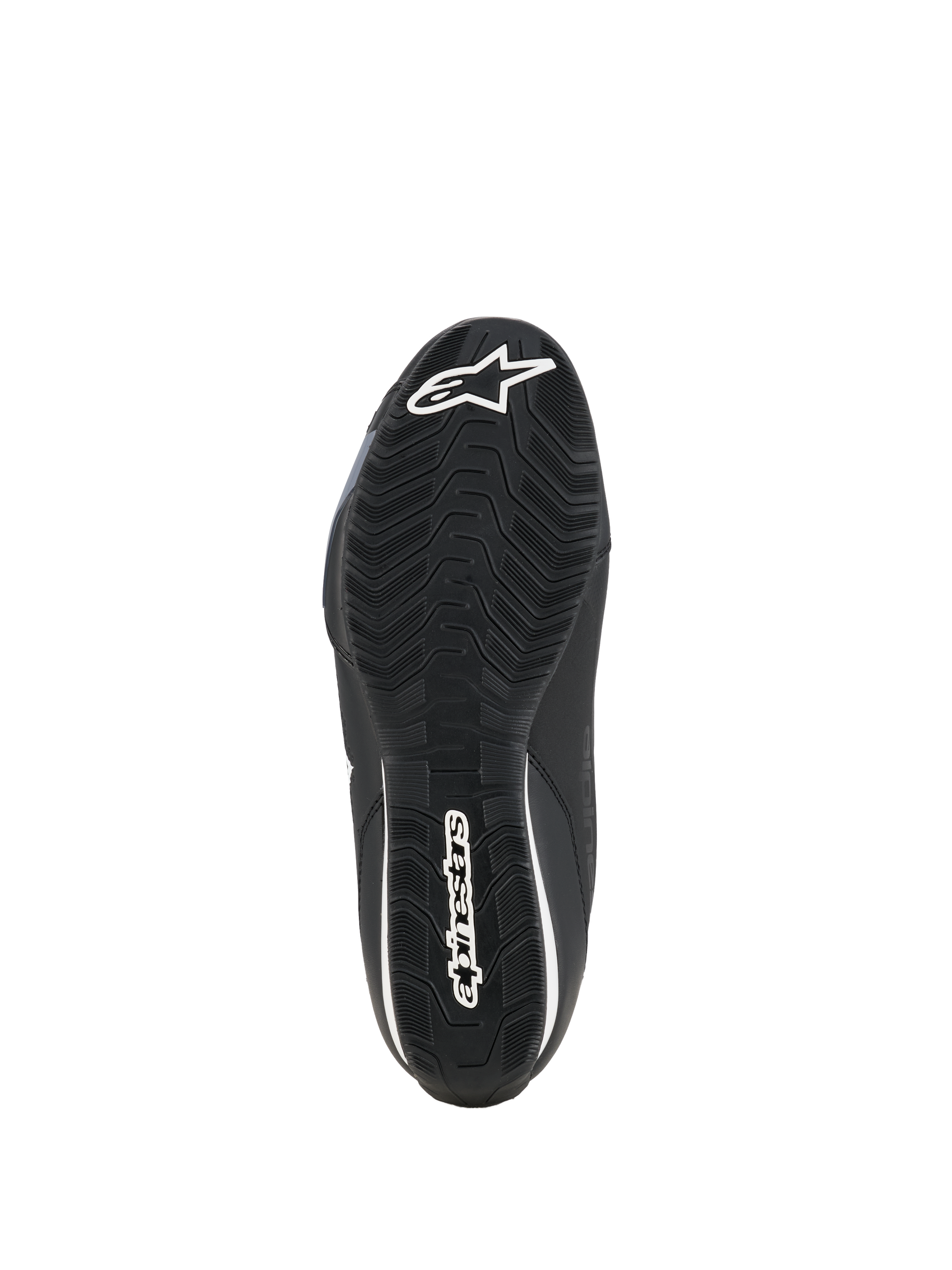 Alpinestars Celer Shoes, Motorcycle Riding Shoes, Black White, underside view of the oil-resistant rubber sole featuring a textured grip pattern and white Alpinestars branding.