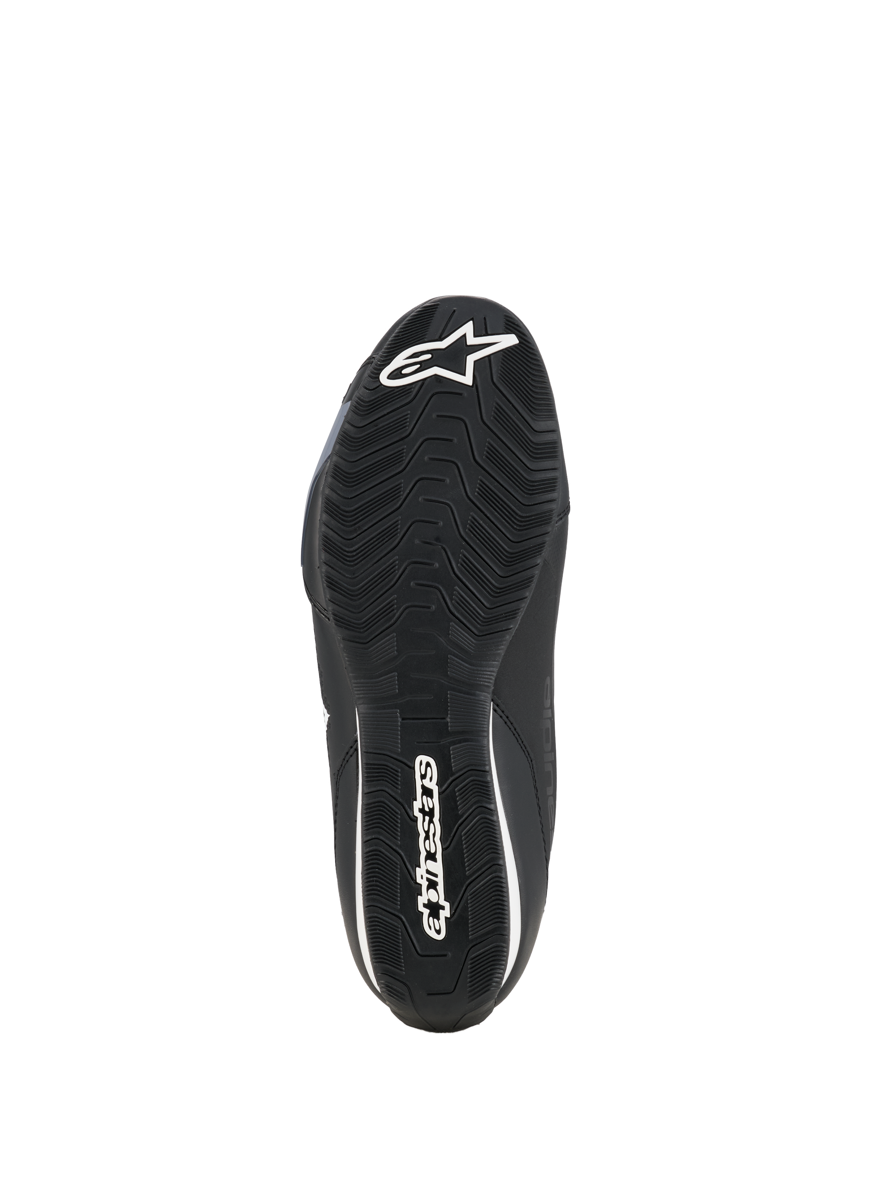 Alpinestars Celer Shoes, Motorcycle Riding Shoes, Black White, underside view of the oil-resistant rubber sole featuring a textured grip pattern and white Alpinestars branding.