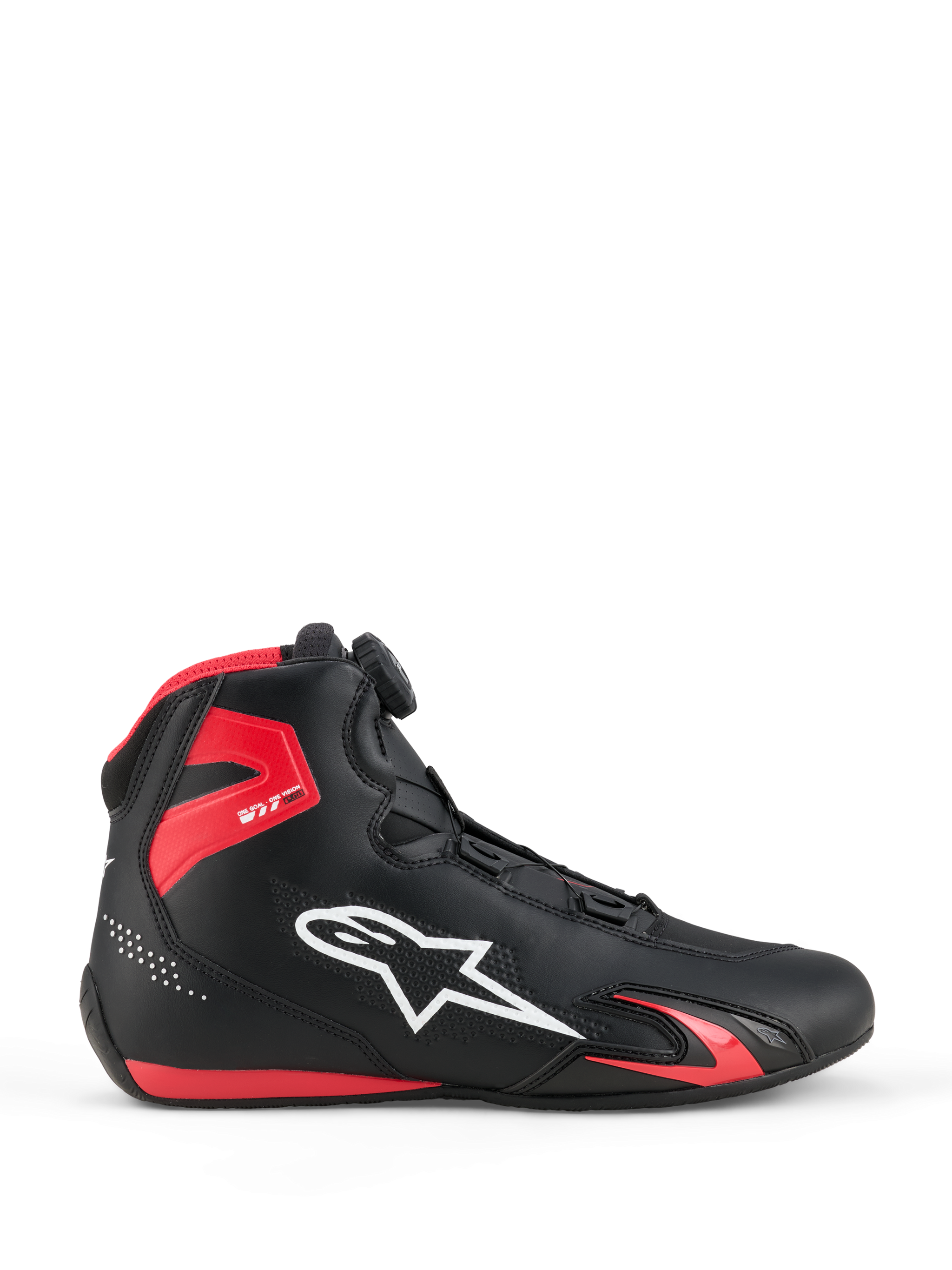 Alpinestars Celer Shoes, Black and Red High-Top Motorcycle Shoes, White Star Logo, Sporty Design with Perforated Details, Padded Ankle, Grip Sole