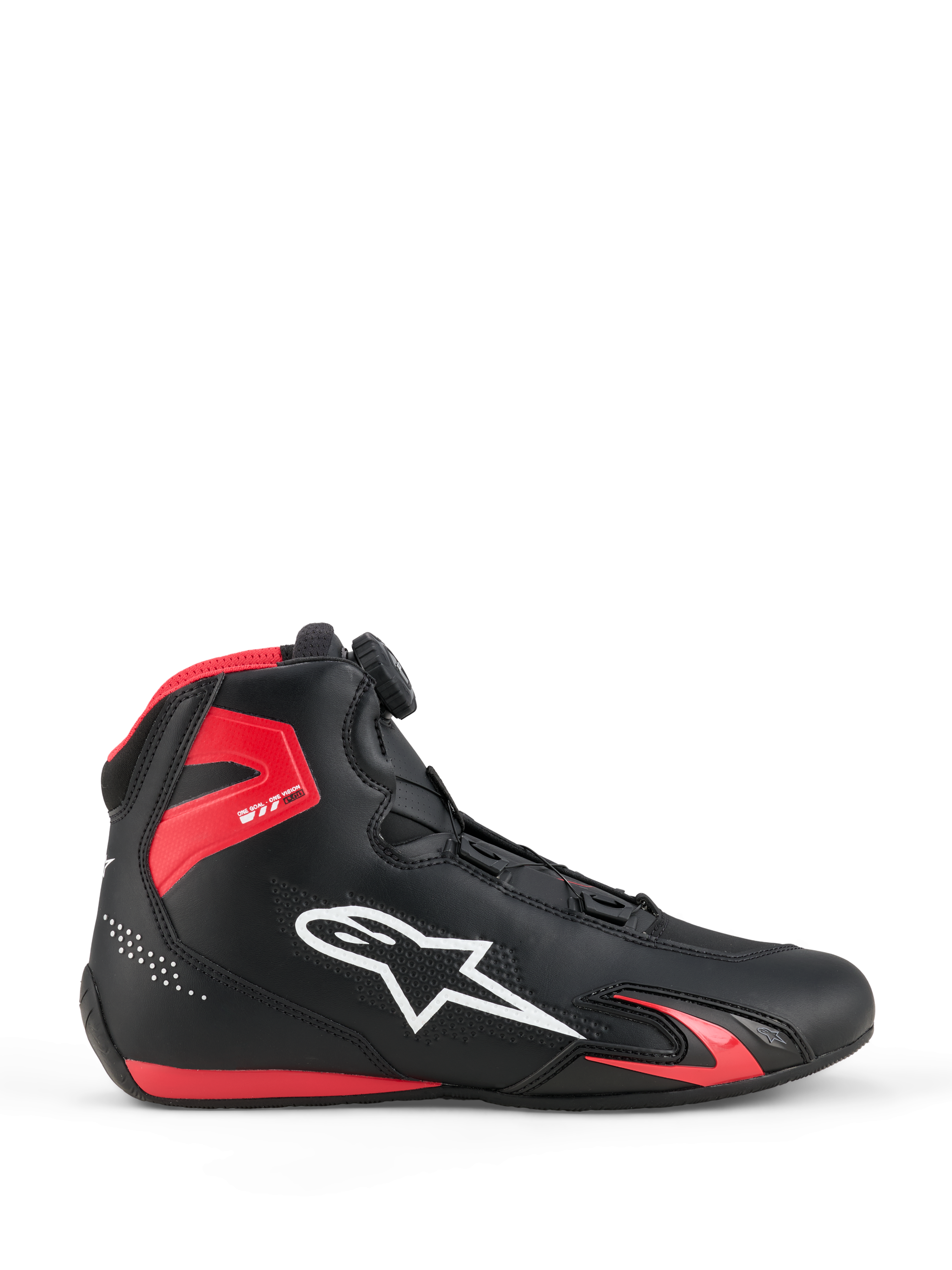 Alpinestars Celer Schuhe, Motorradschuhe, Schwarz und leuchtendes Rot, Seitenansicht mit weißem Alpinestars-Logo, Rotor-Verschlusssystem, roter TPU-Knöchelschutz und stromlinienförmige Mikrofaser-Konstruktion für Sport und Rennsport