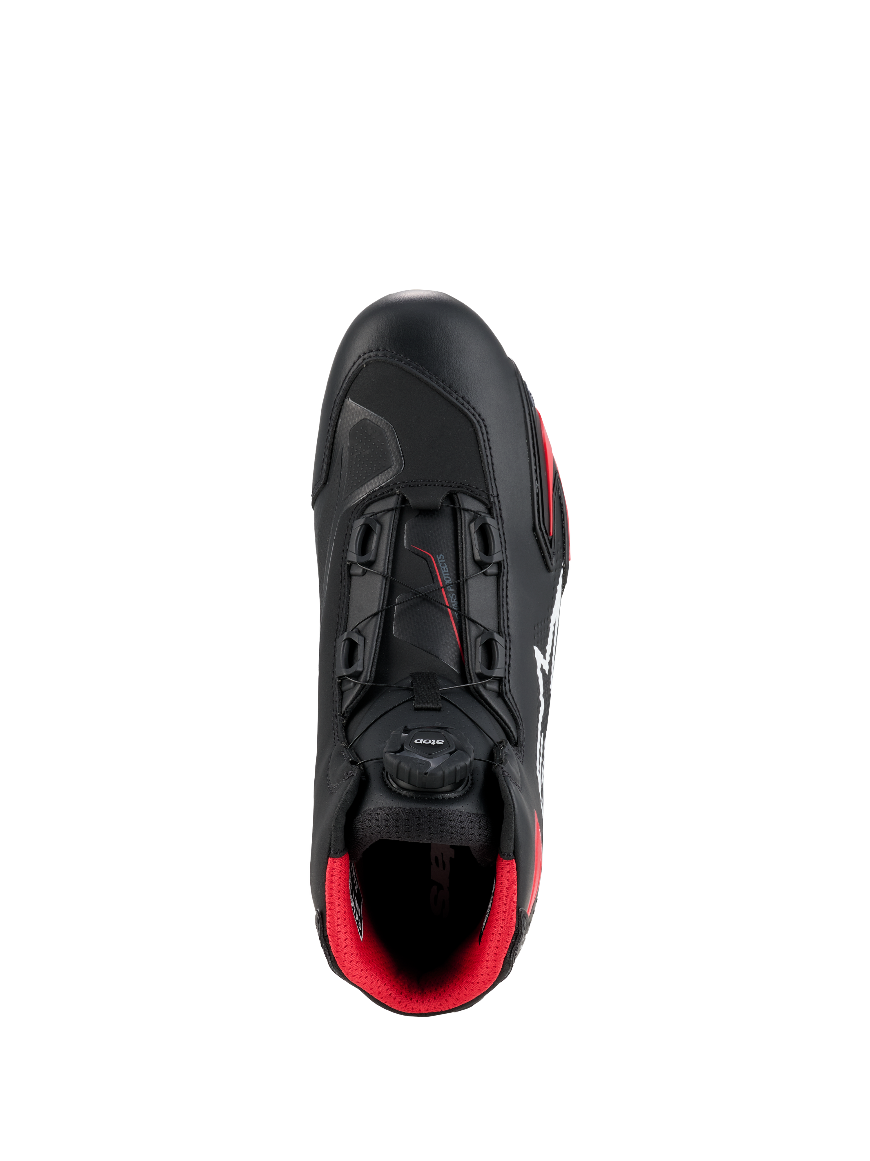 Alpinestars Celer Shoes, Black and Bright Red, top-down view highlighting the Rotor closure system dial, technical microfiber construction, and vibrant red interior lining, sport motorcycle riding shoes