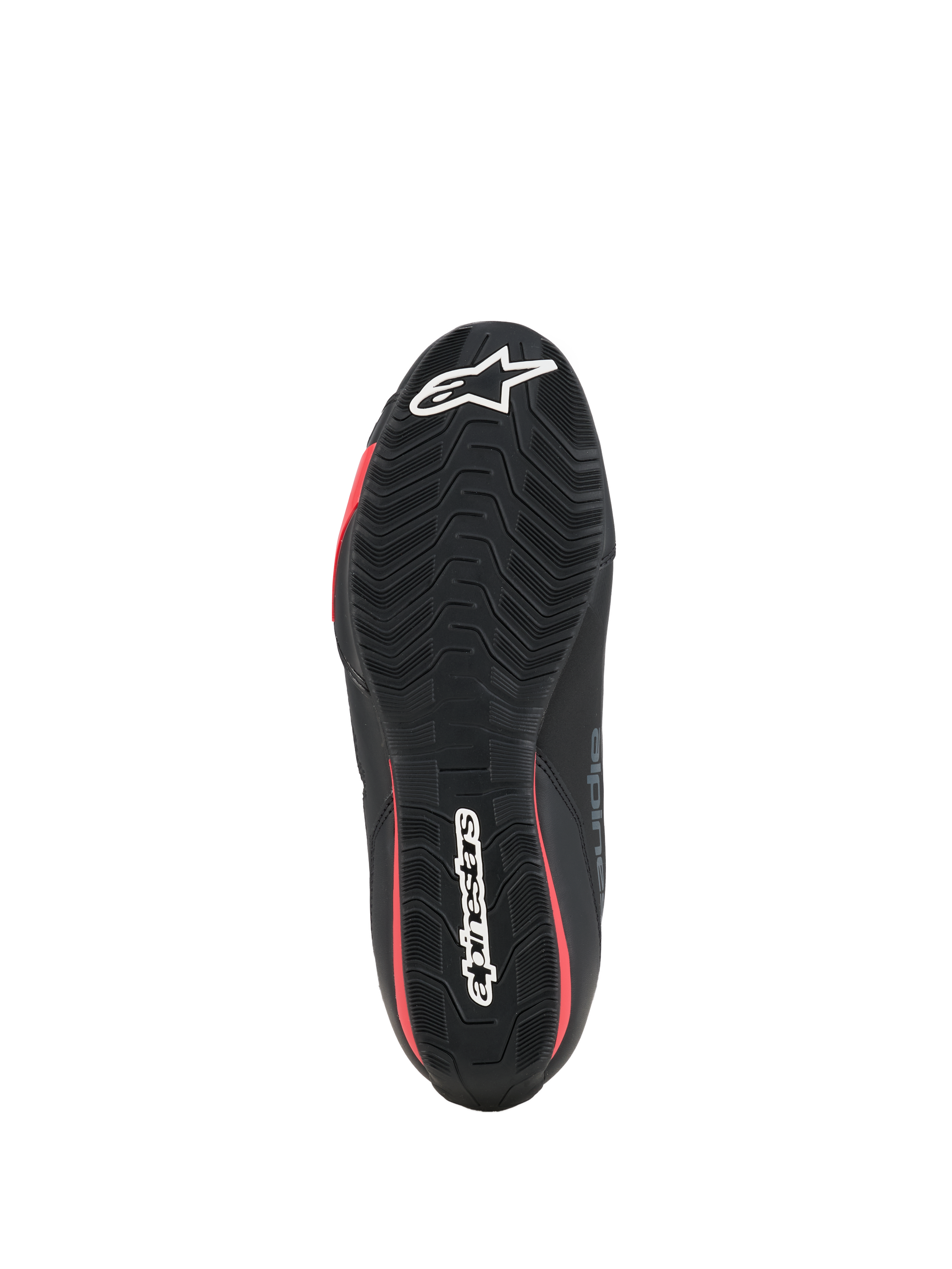 Alpinestars Celer Shoes, Motorcycle Riding Shoes, Black and Bright Red, bottom view showing the textured rubber sole with white Alpinestars branding and red accents.