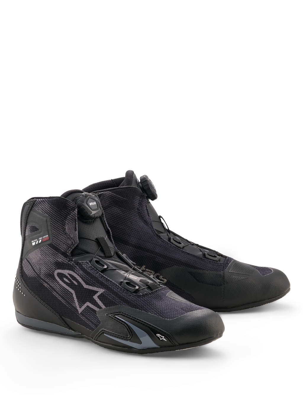 Alpinestars Celer Superair Shoes, Motorcycle Riding Shoes, Black and Dark Gray, featuring Rotor Closure System dial, high-airflow textile upper, sleek sport profile with Alpinestars branding, designed for warm weather riding.