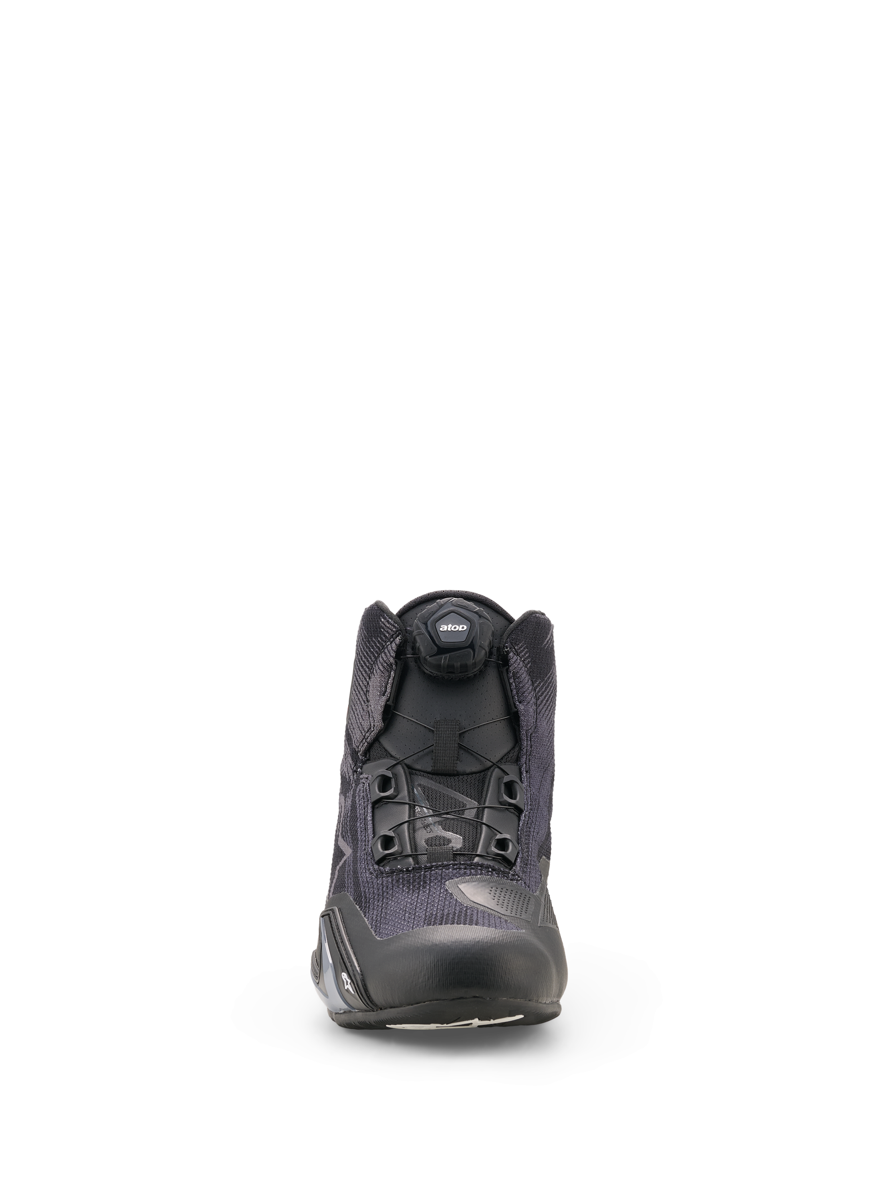 Alpinestars Celer Superair Shoes, Motorcycle Riding Shoes, Black and Dark Gray, front view featuring high-airflow textile construction and the integrated Rotor Closure System dial, sleek athletic design for sport riders