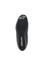 Alpinestars Celer Superair Shoes, Motorcycle Riding Shoes, Black and Dark Gray, bottom view of textured oil-resistant rubber outsole, featuring white Alpinestars star logo at toe and wordmark at heel