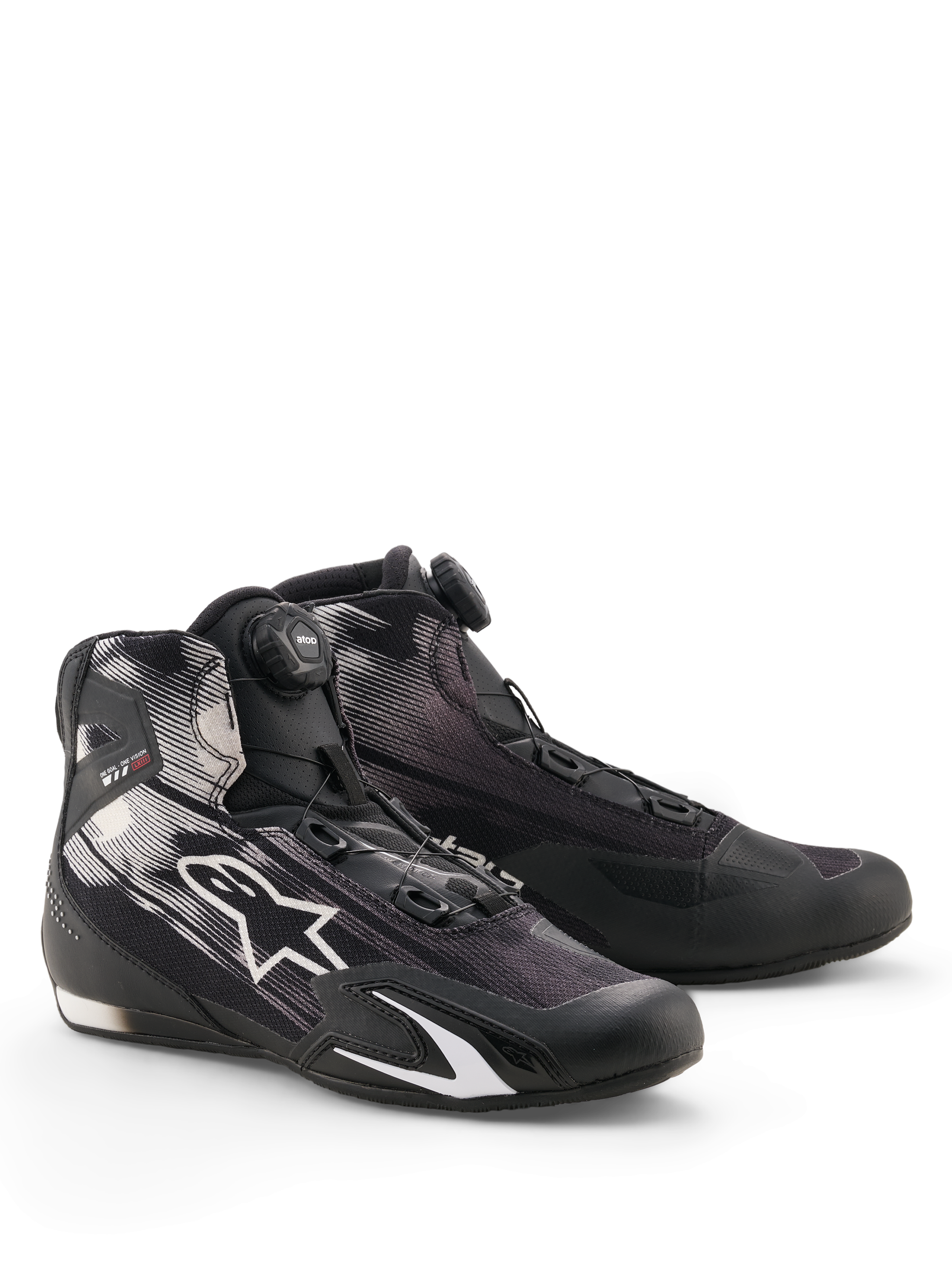 Alpinestars Celer Superair Shoes, Motorcycle Riding Shoes, Black and White, featuring a dial-operated Rotor Closure System on the tongue, white star logo on a breathable textile upper, and a sporty low-profile design.