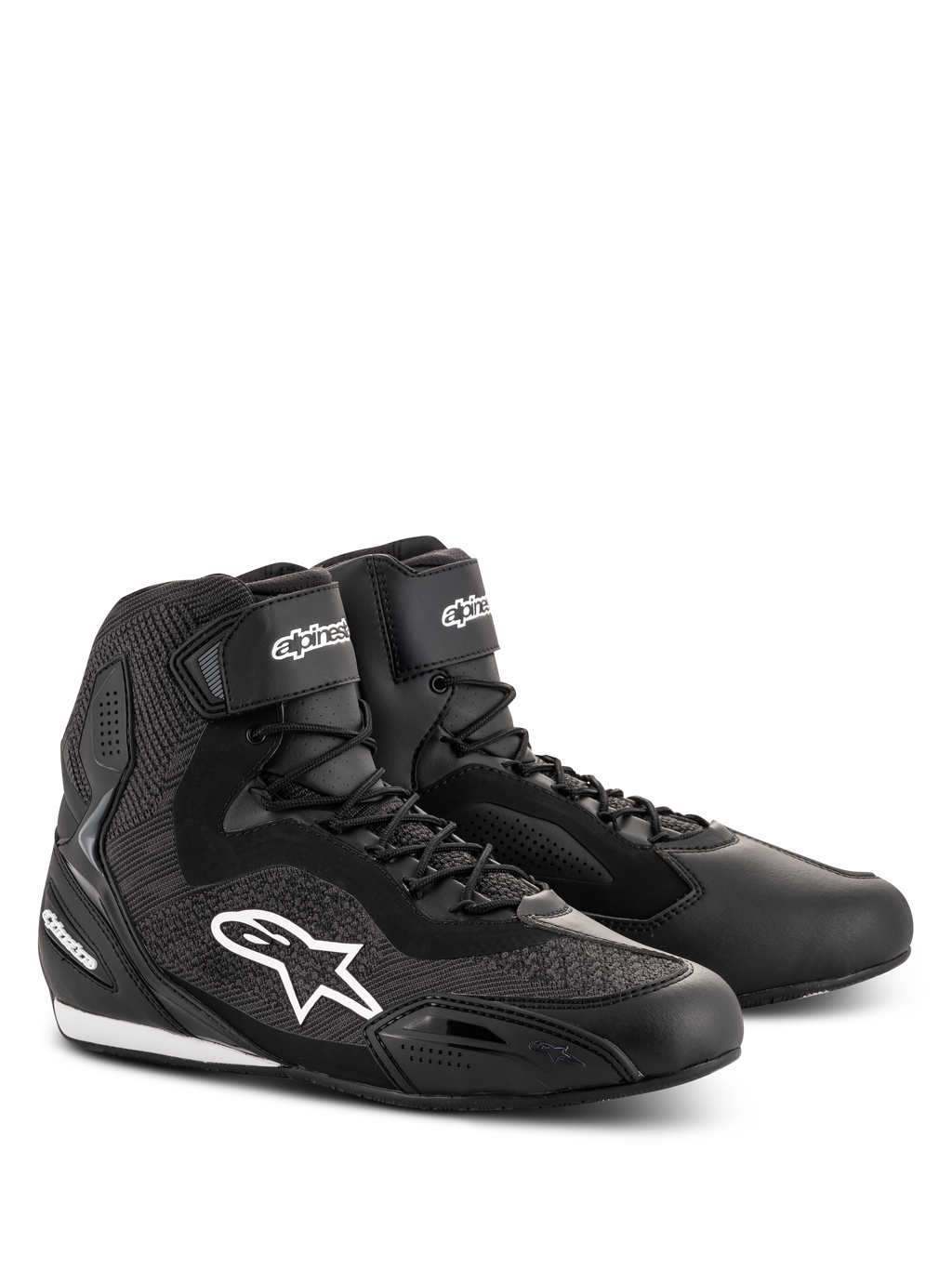 Alpinestars Faster-3 Rideknit® Shoes, Black motorcycle riding shoes, featuring knitted mesh panels and a microfiber chassis, white Alpinestars star logo on the side, laces with hook-and-loop ankle strap, designed for road racing and urban commuting.