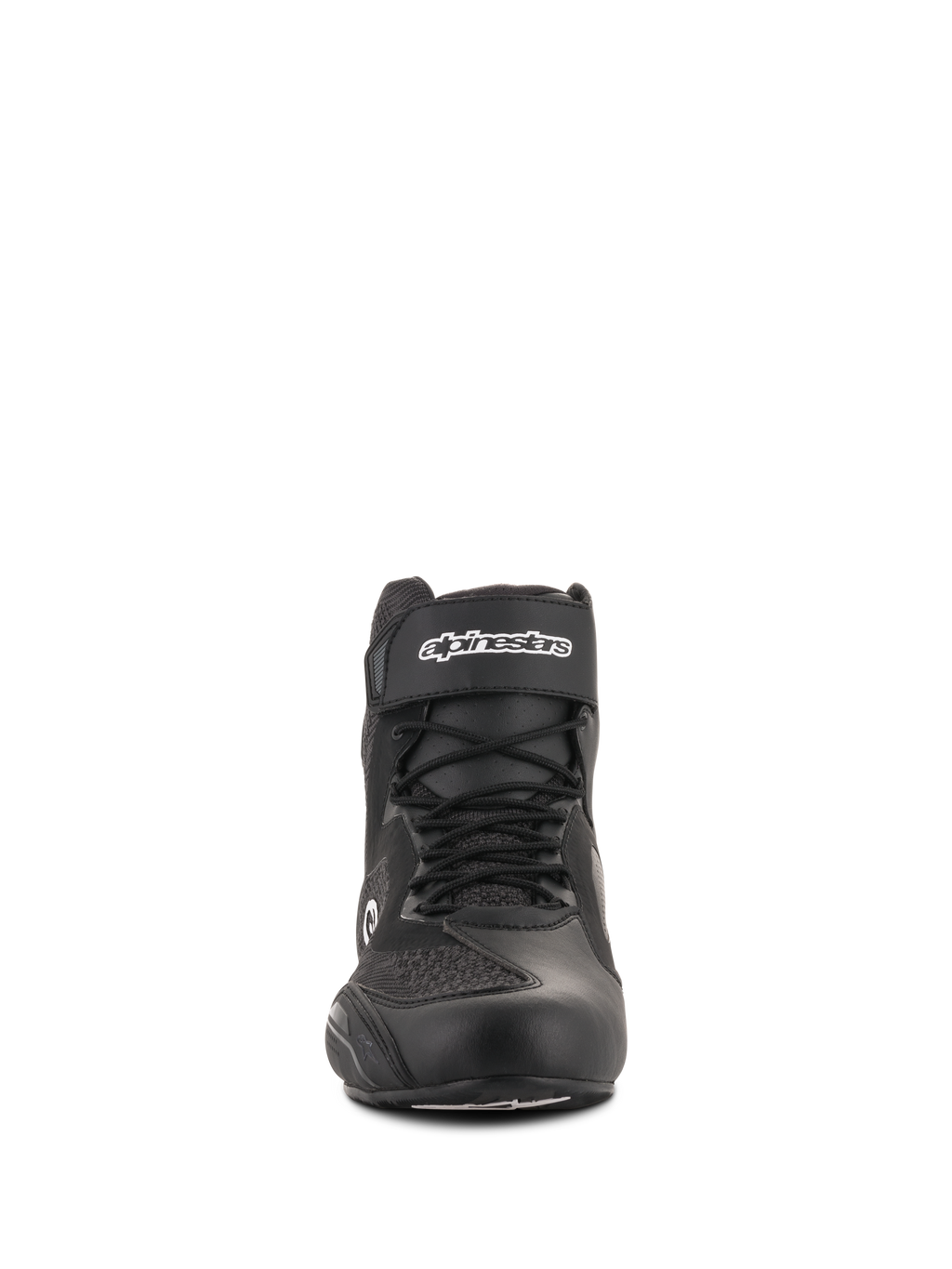 Alpinestars Faster-3 Rideknit® Shoes, Motorcycle Riding Shoes, Black, front view, featuring a hook and loop ankle strap with white branding, laces, and breathable knit mesh panels, sleek road riding footwear