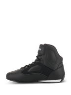 Alpinestars Faster-3 Rideknit® Shoes, Motorcycle Riding Shoes, Black, side profile view, features a lightweight microfiber upper with perforated panels, lace-up closure with a secure ankle strap, and sleek road racing design