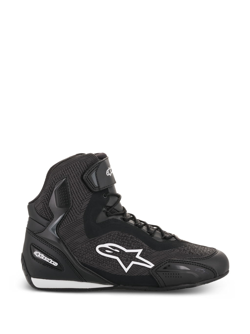 Alpinestars Faster-3 Rideknit Shoes, Black high-top motorcycle riding shoe, white star logo, textured knit and mesh construction, lace closure with ankle strap, reinforced heel and toe, low-profile sole with white accents
