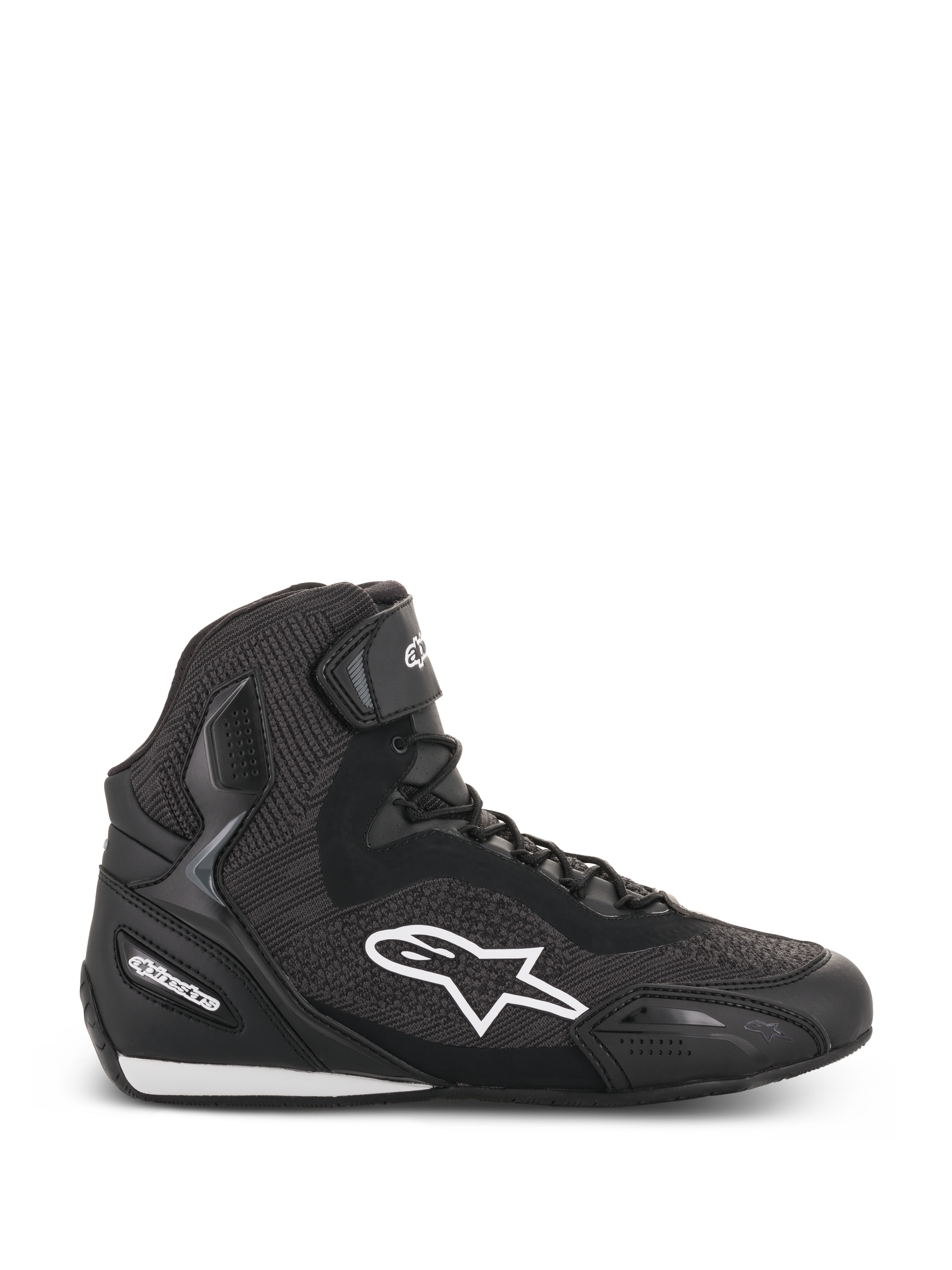 Alpinestars Faster-3 Rideknit Shoes, Black high-top motorcycle riding shoe, white star logo, textured knit and mesh construction, lace closure with ankle strap, reinforced heel and toe, low-profile sole with white accents