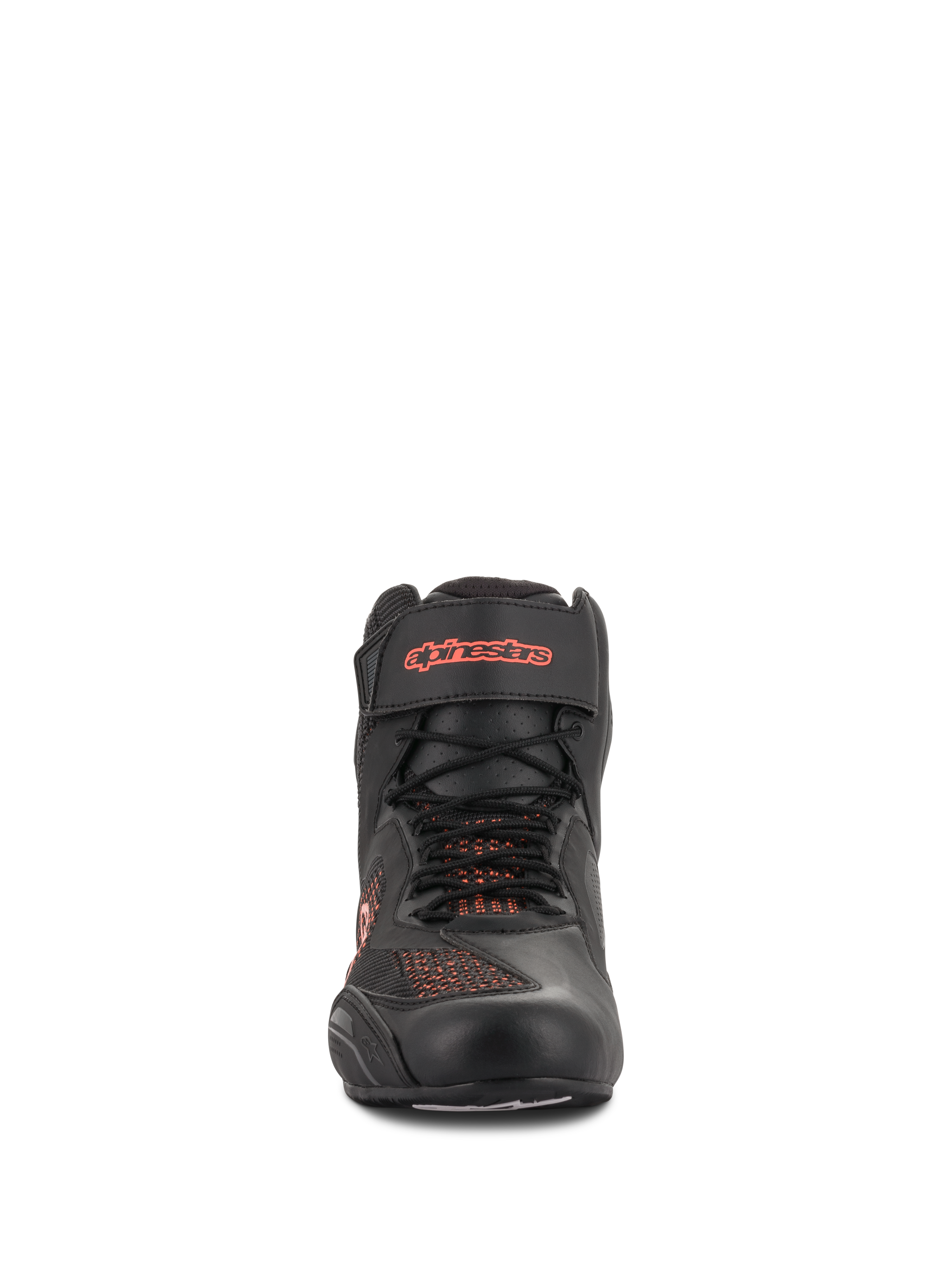 Alpinestars Faster-3 Rideknit® Schuhe, Schwarz und Rot Fluo, Frontansicht, Motorradschuh mit atmungsaktiven Strick-Mesh-Einsätzen und Klettverschluss am Knöchel mit rotem Logo