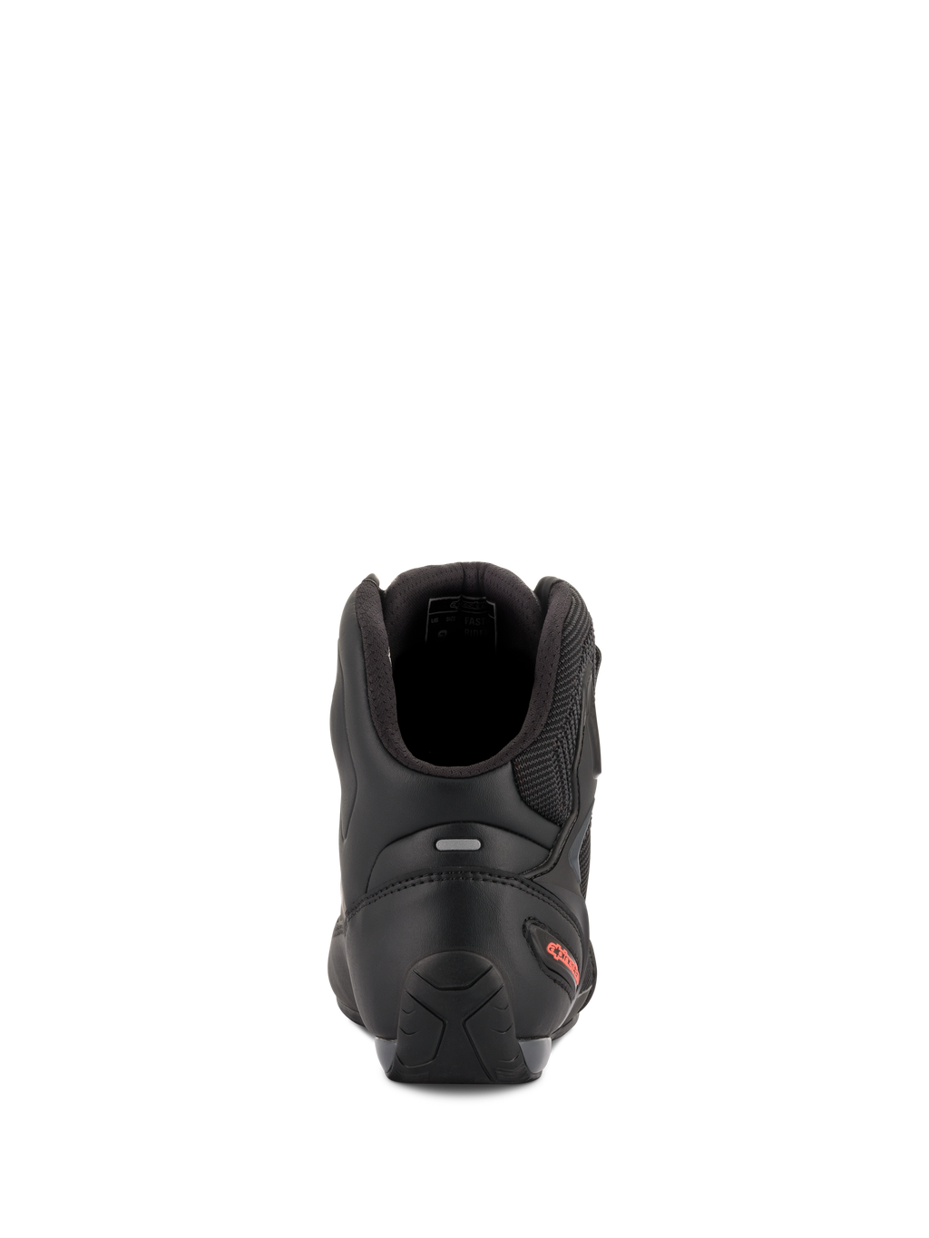 Alpinestars Faster-3 Rideknit® Schuhe, Motorradschuhe, Schwarz und Rot Fluo, Rückansicht mit Fokus auf die TPR-Fersenkappe, den gepolsterten Knöchelbereich und das rote Logo-Detail an der Ferse.